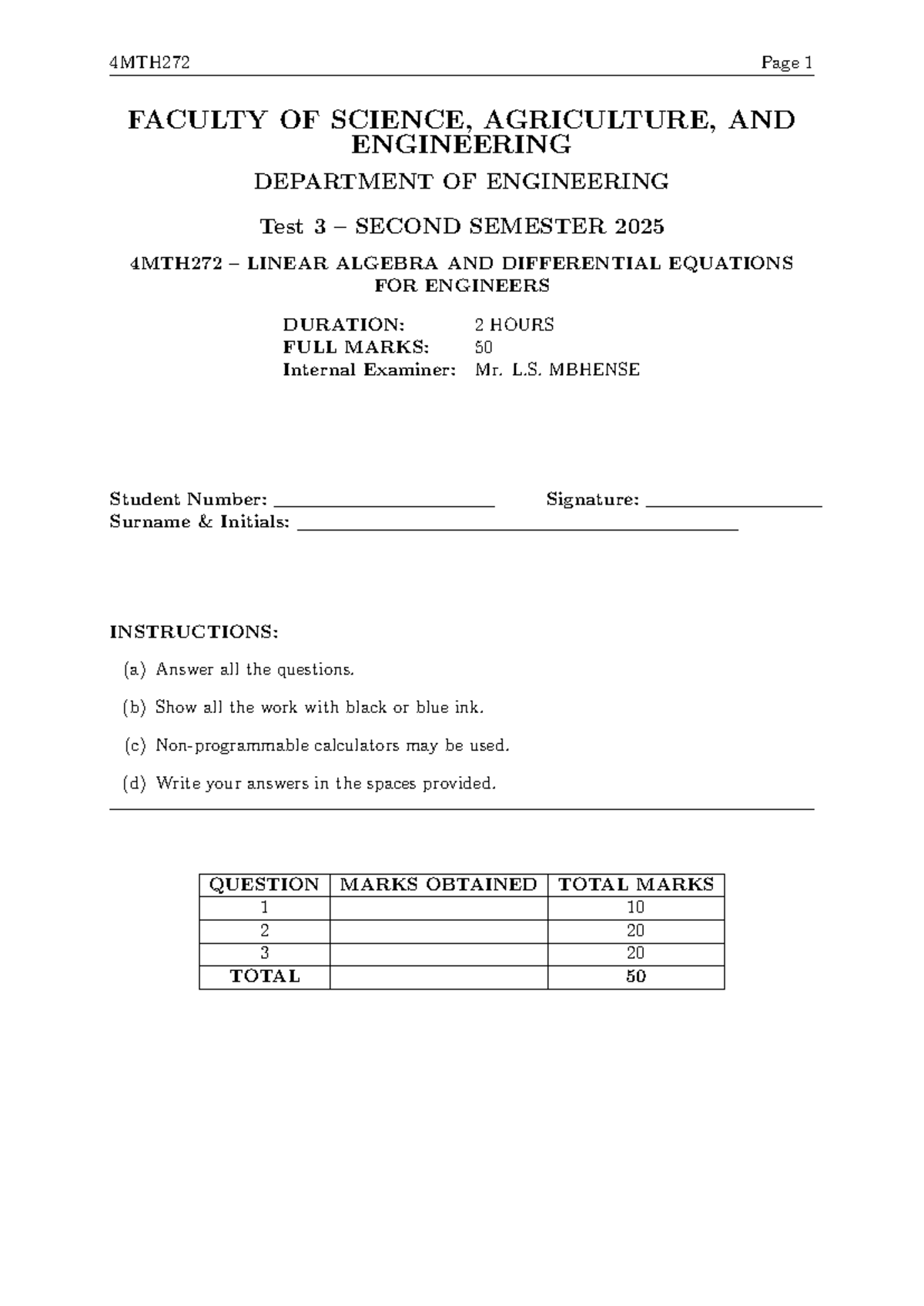 4MTH272 Test 3 - Linear Algebra and Differential Equations - Studocu