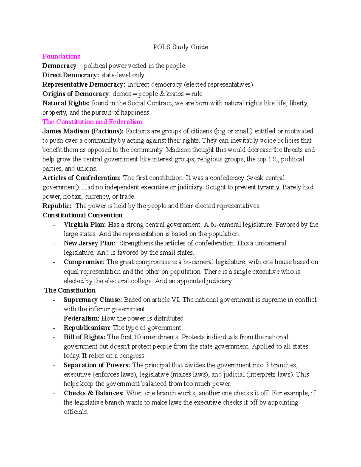 POLS 101 Study Guide: Key Concepts in Democracy and the Constitution ...