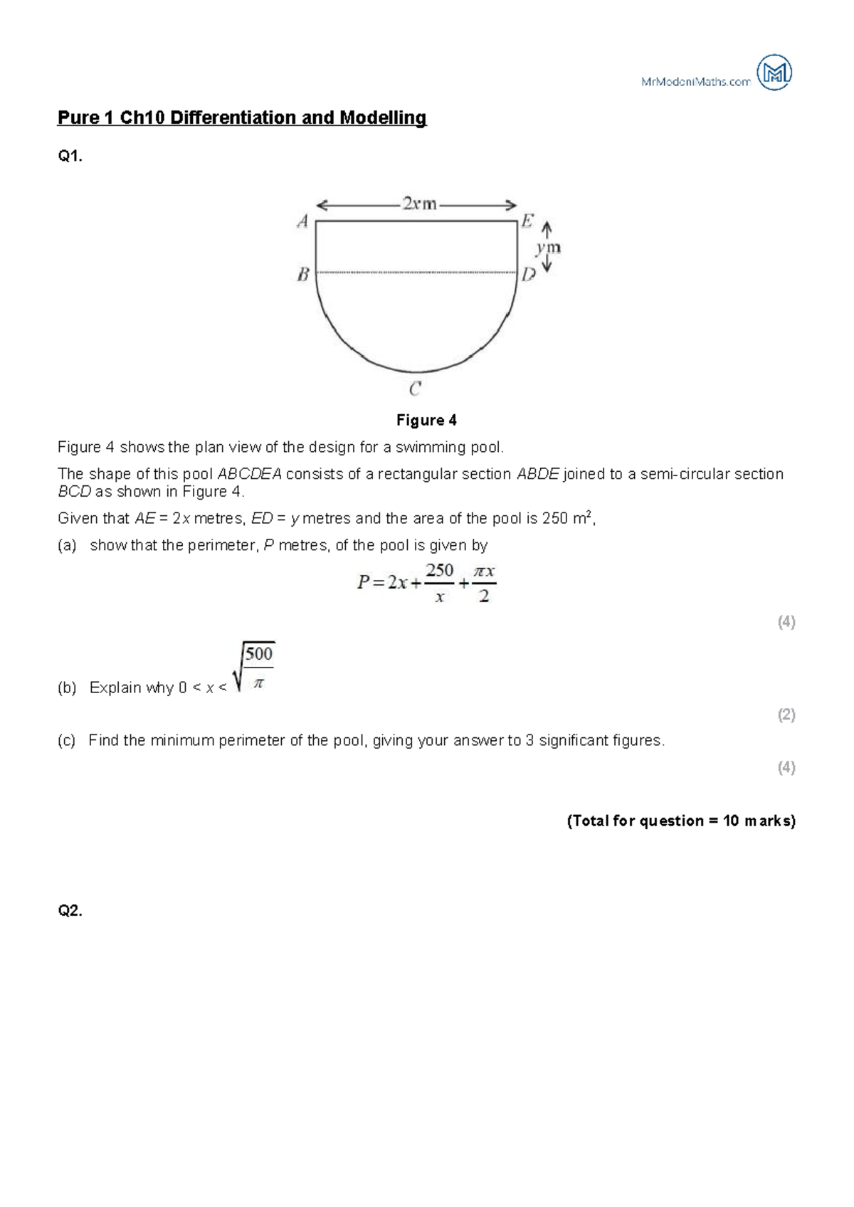 Pure 1 Ch12 Differentiation & Modelling: Pool Design & Optimization ...