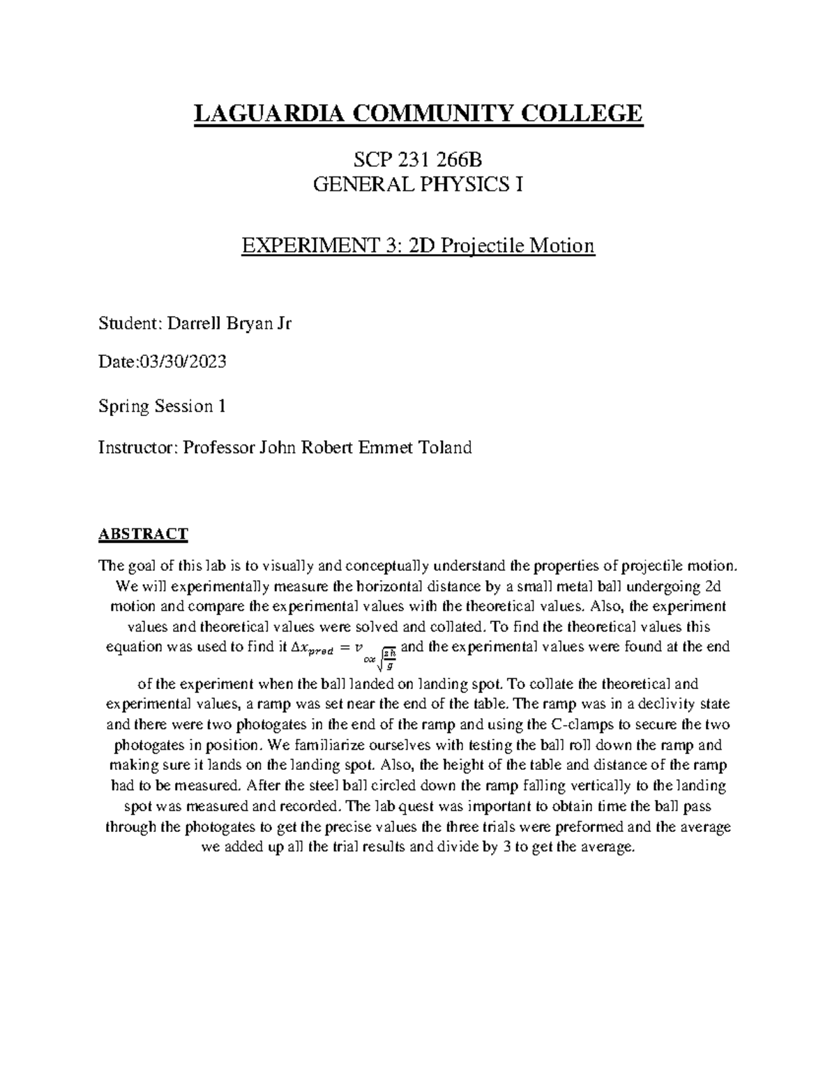 Lab 3: 2D Projectile Motion Experiment - SCP 231 266B by Darrell Bryan ...