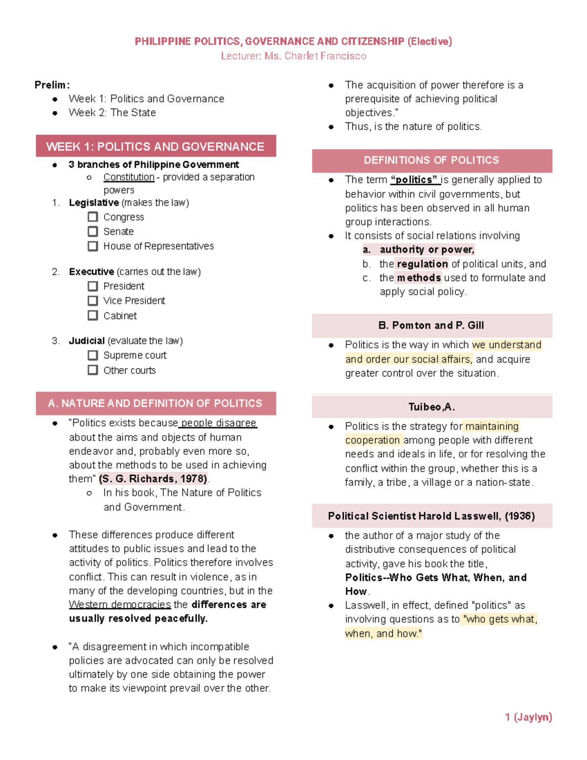 PPGC211 Prelim J1: Overview of Politics and Governance Concepts - Studocu