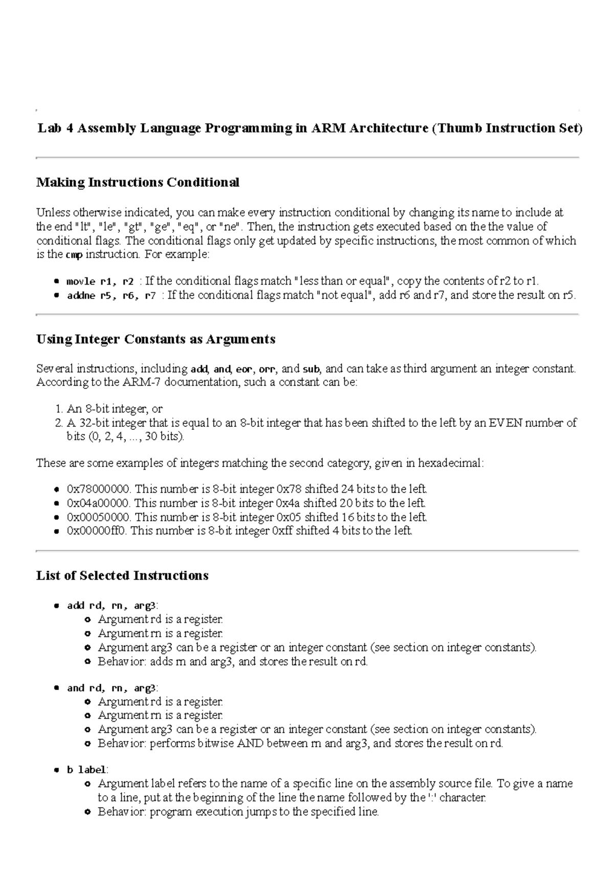 COA Lab 4 - Conditional Instructions & Integer Constants in ARM ...