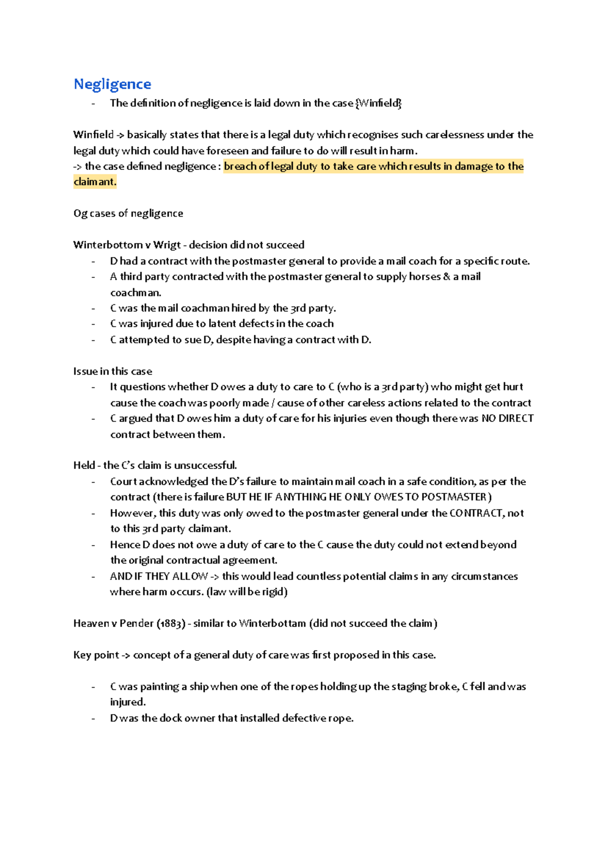 Tort Law Notes: Understanding Negligence and Duty of Care (LAW101 ...