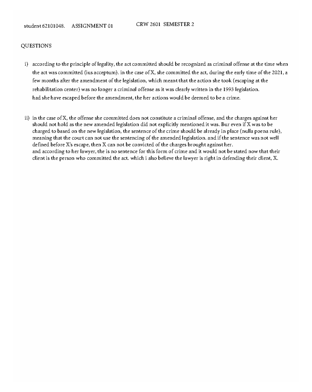 Crw2601 Assignment 1 Analysis Of Legality Principles In Criminal Law