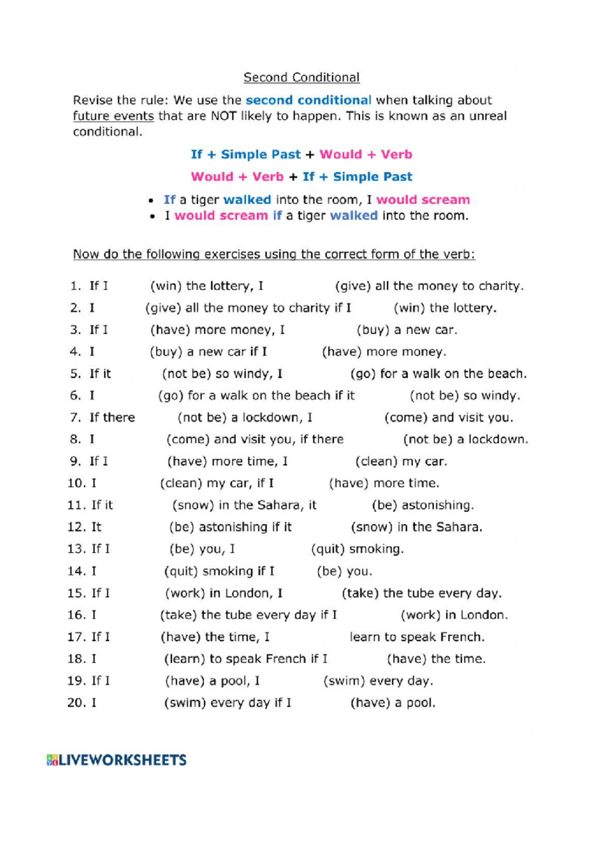 Second Conditional Exercises - Worksheet 90142 - Studocu