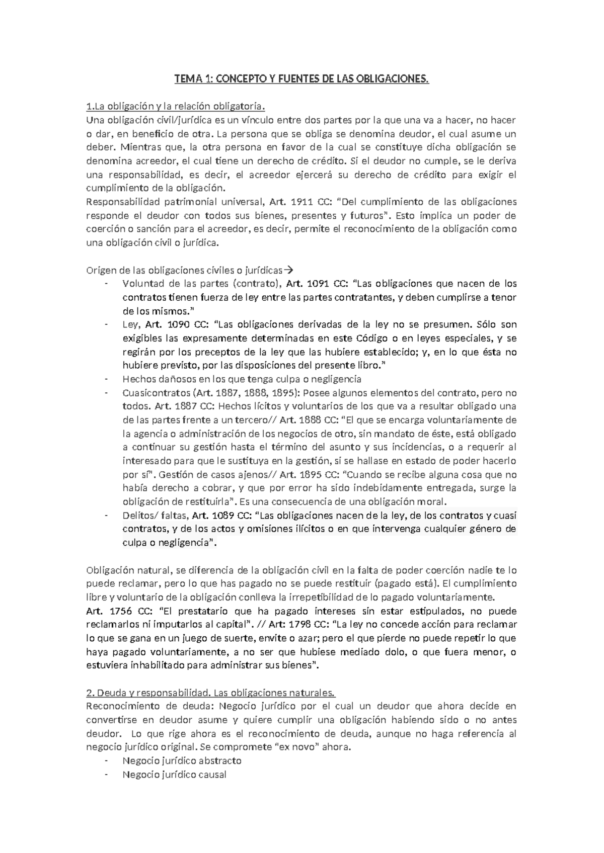 TEMA 1 - Conceptos y Fuentes de las Obligaciones: Apuntes detallados ...