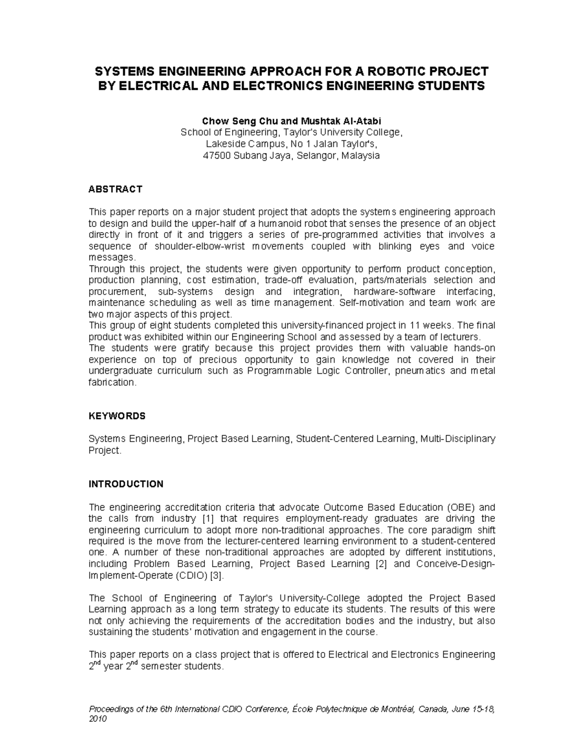 Systems Engineering Approach for Robotics (ENGR 101) - Course Notes ...