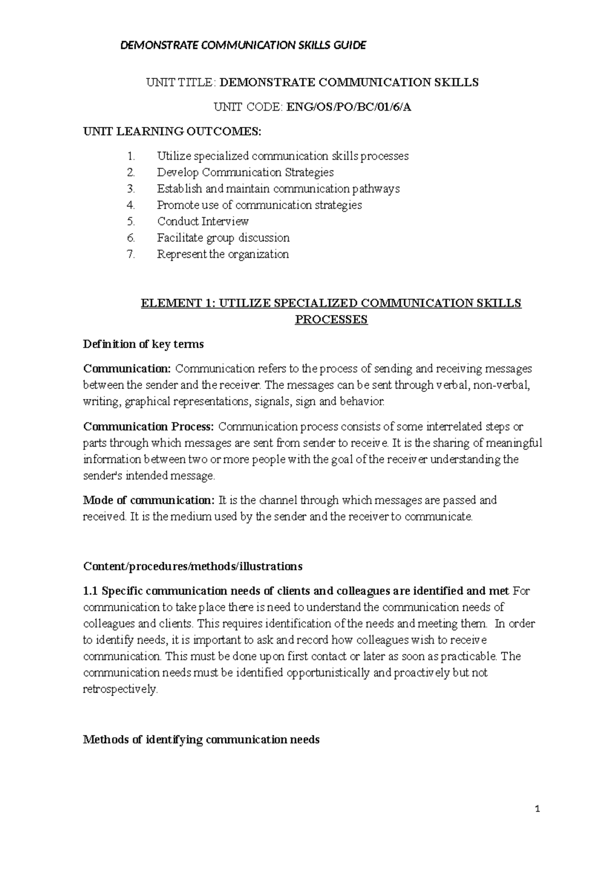 Demonstrate Communication Skills Guide (Unit Code: UNIT) - Studocu