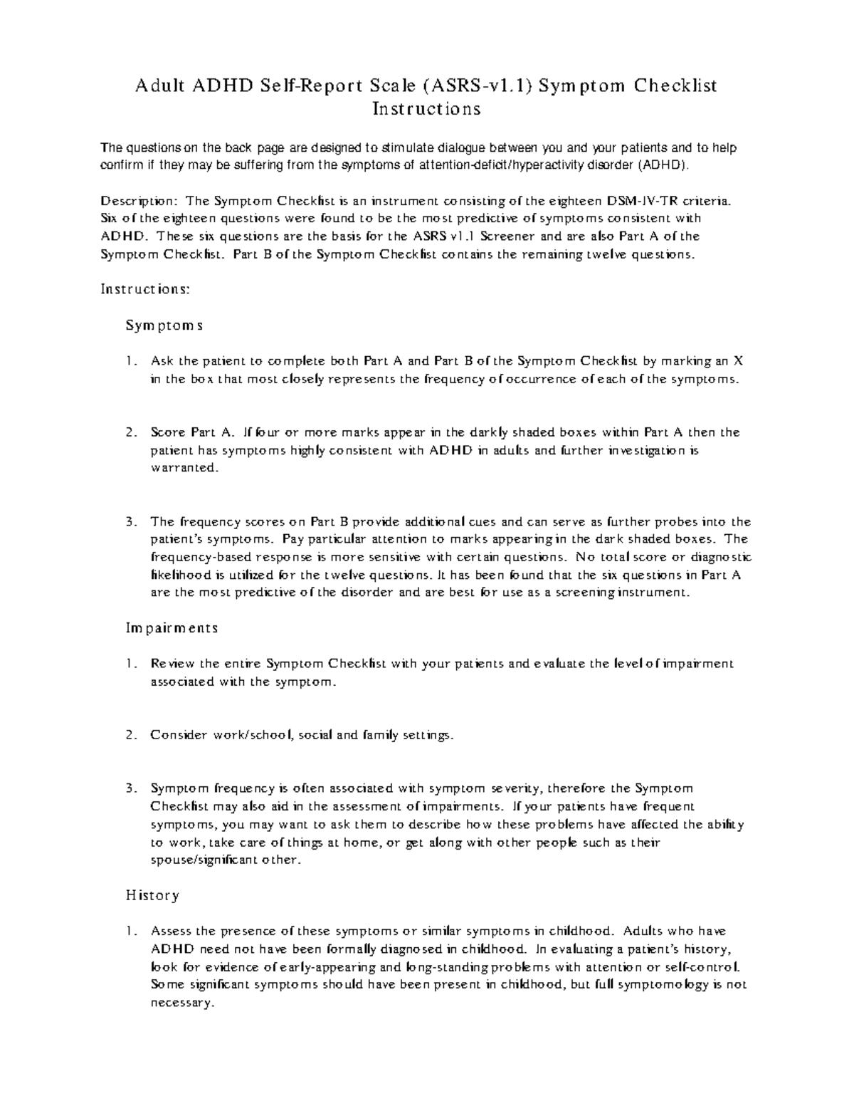 Adult ADHD Scale Symptom Checklist Instructions (ADHD-Assessment) - Studocu