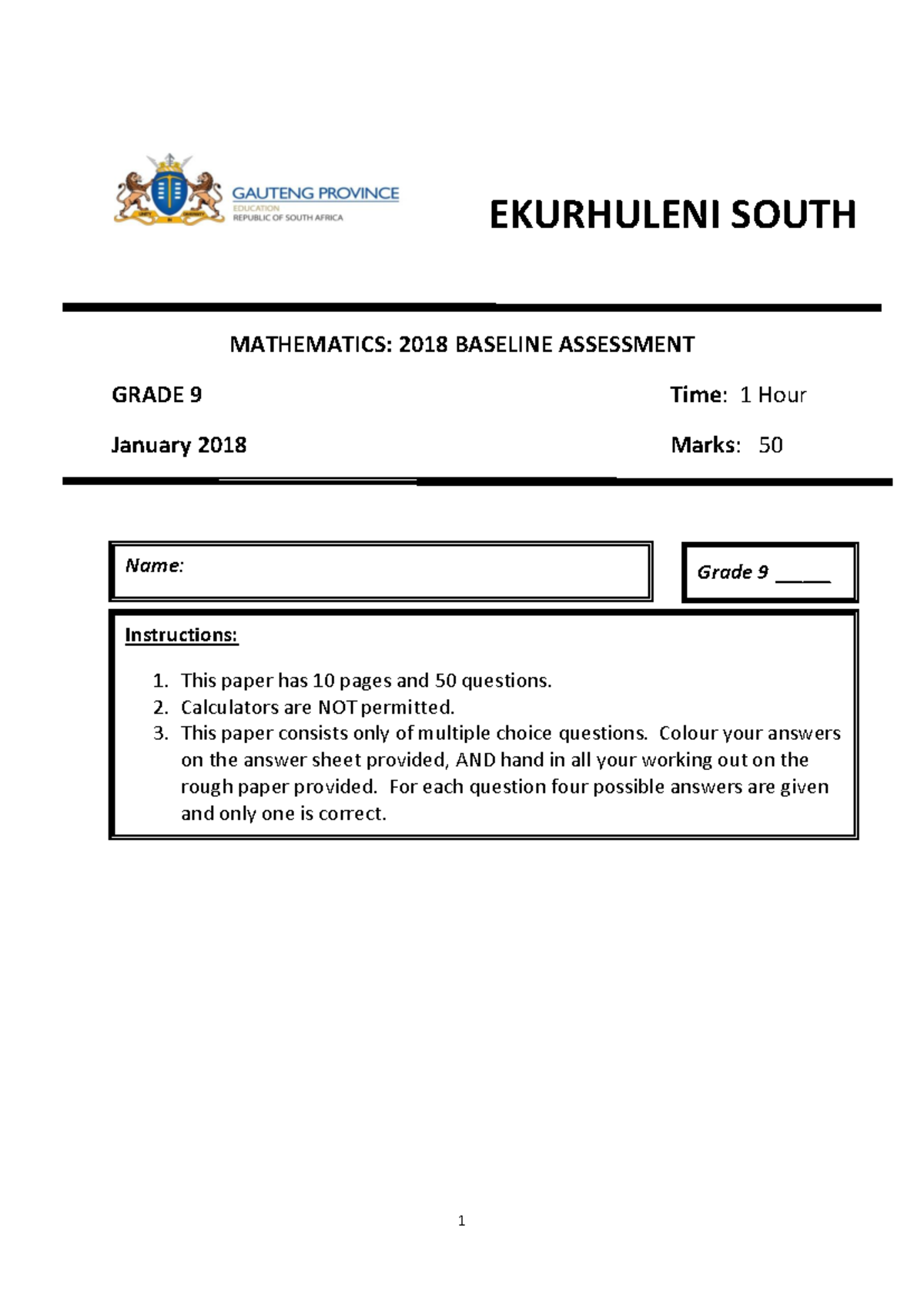 Grade 9 Mathematics Baseline Assessment 2018 - EKURHULENI - Studocu