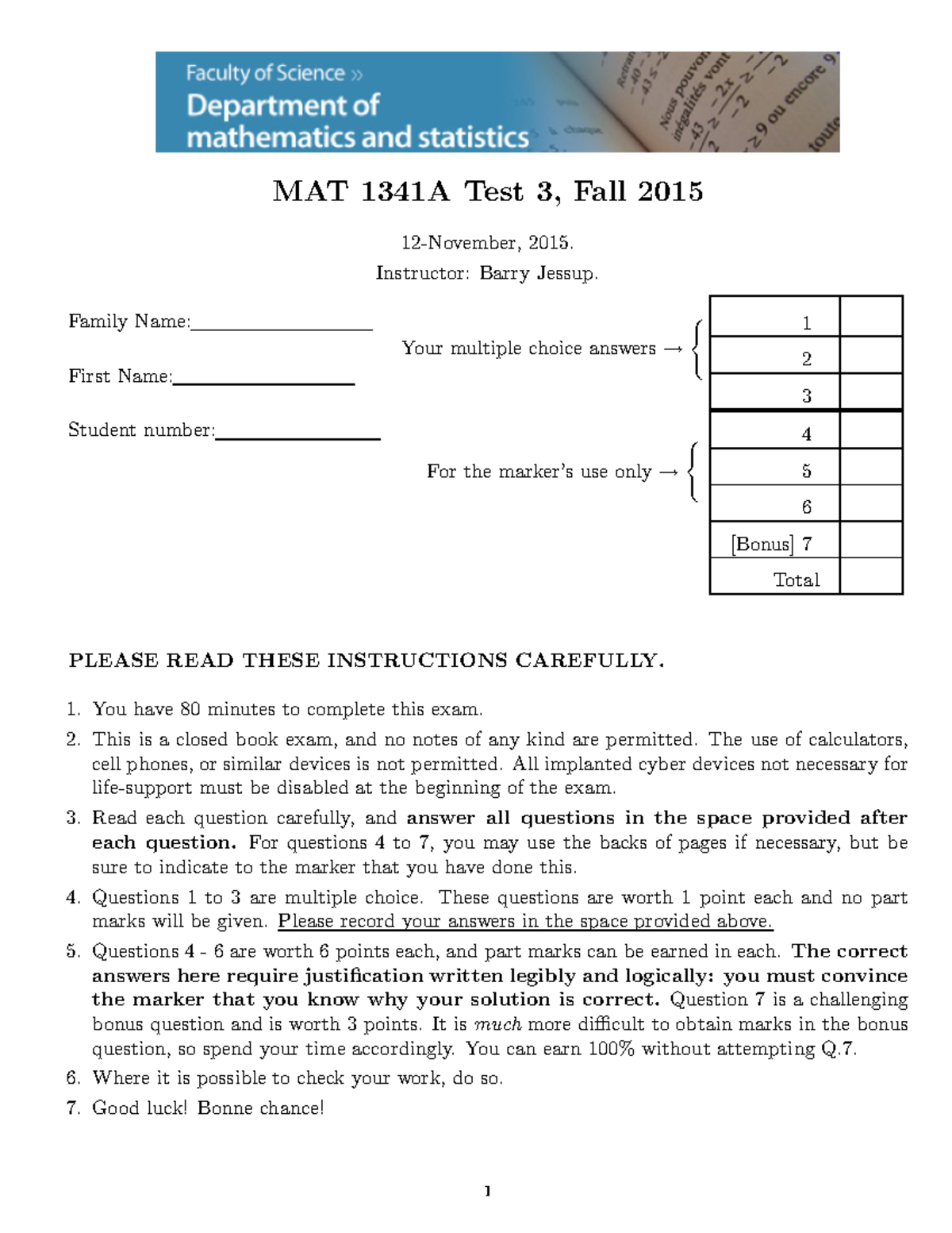 MAT 1341A Test 3 - Questions and Answers, November 2015 - Studocu