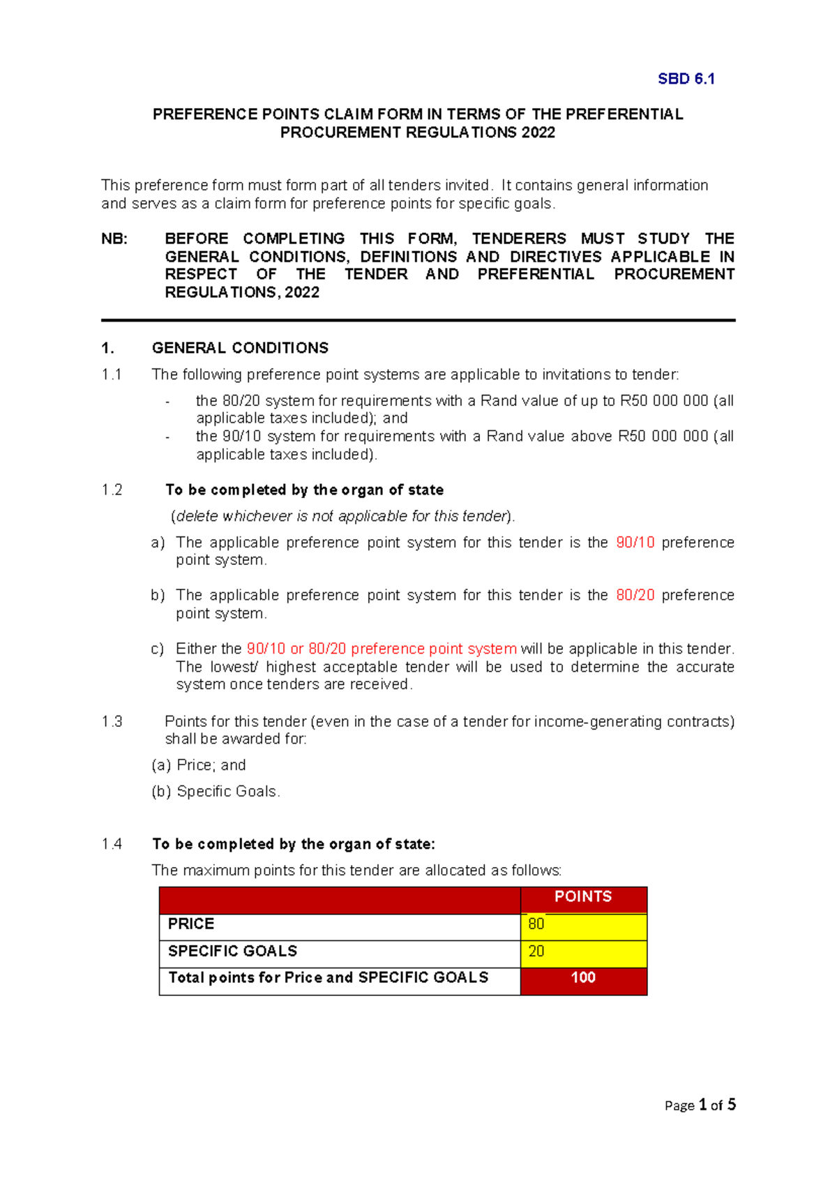 SBD 6.1 Preference Points Claim Form for Tenders (PPR 2022) - Studocu