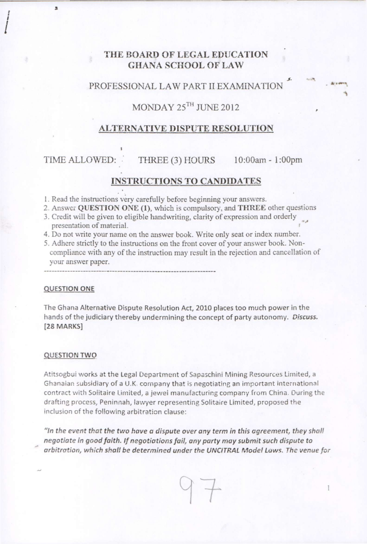 Alternative Dispute Resolution Exam - GHANA SCHOOL OF LAW 2012 - Studocu