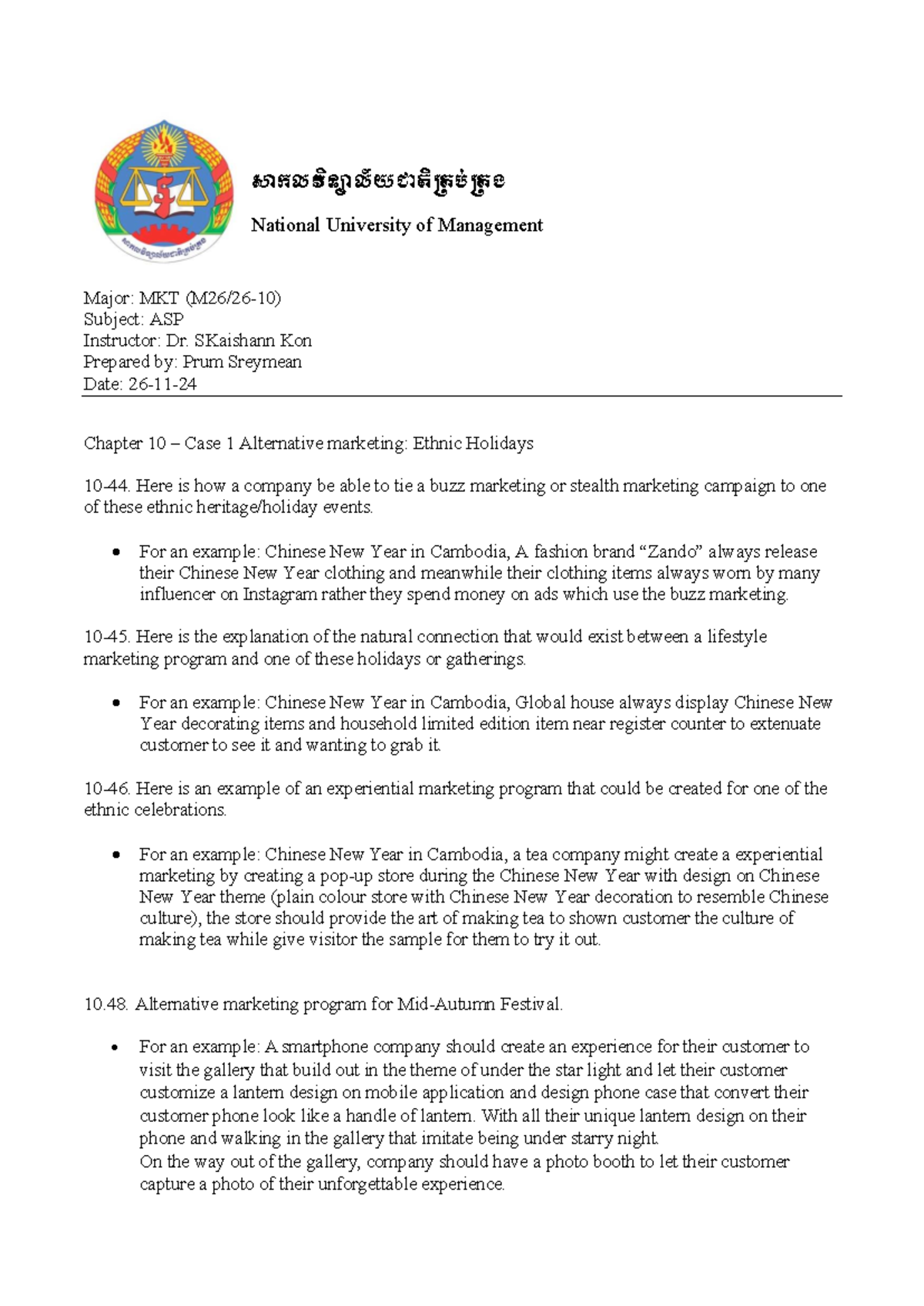 ASP Assignment: Chapter 10 Case Study on Alternative Marketing ...