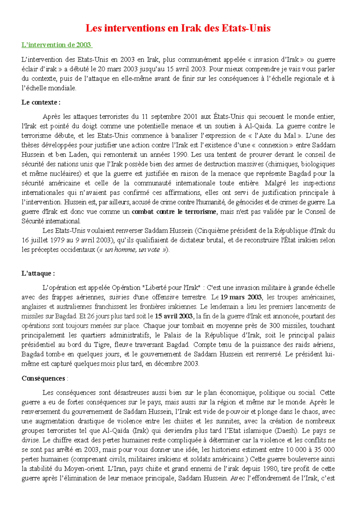 Les interventions des États-Unis en Irak : 2003 et 2014 Analyse - Studocu