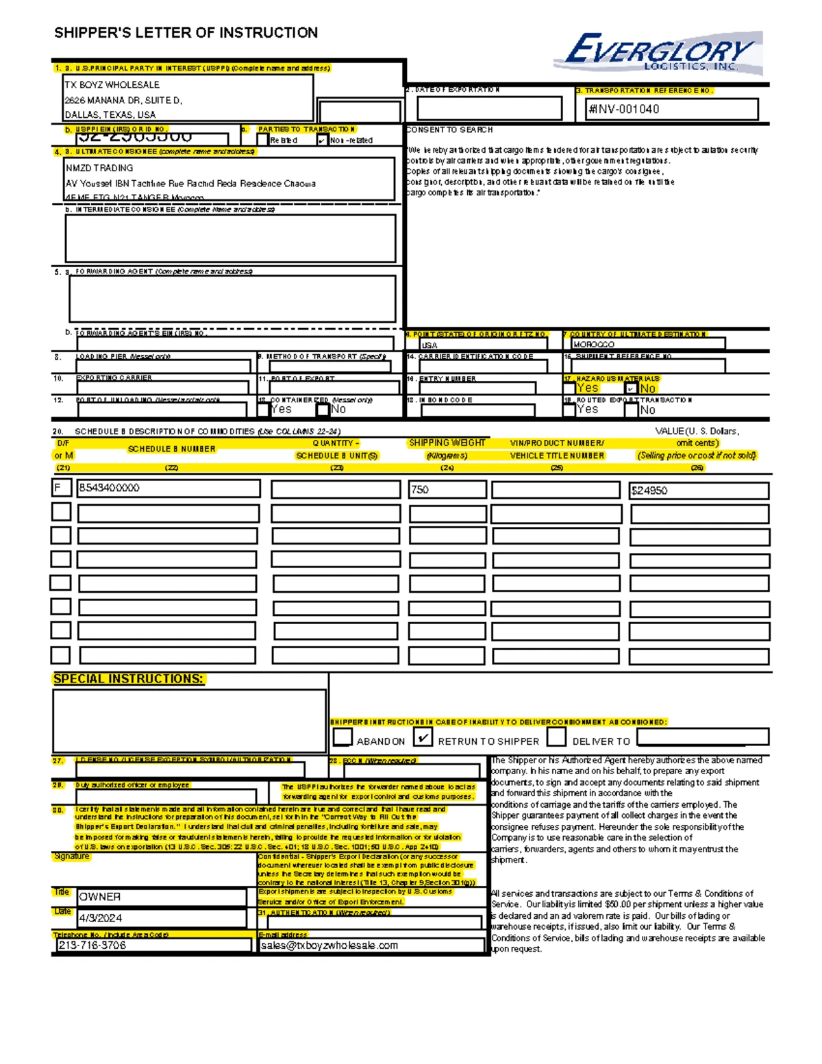 Everglory SLI Form - 2019 (Shipper's Export Declaration) - Studocu