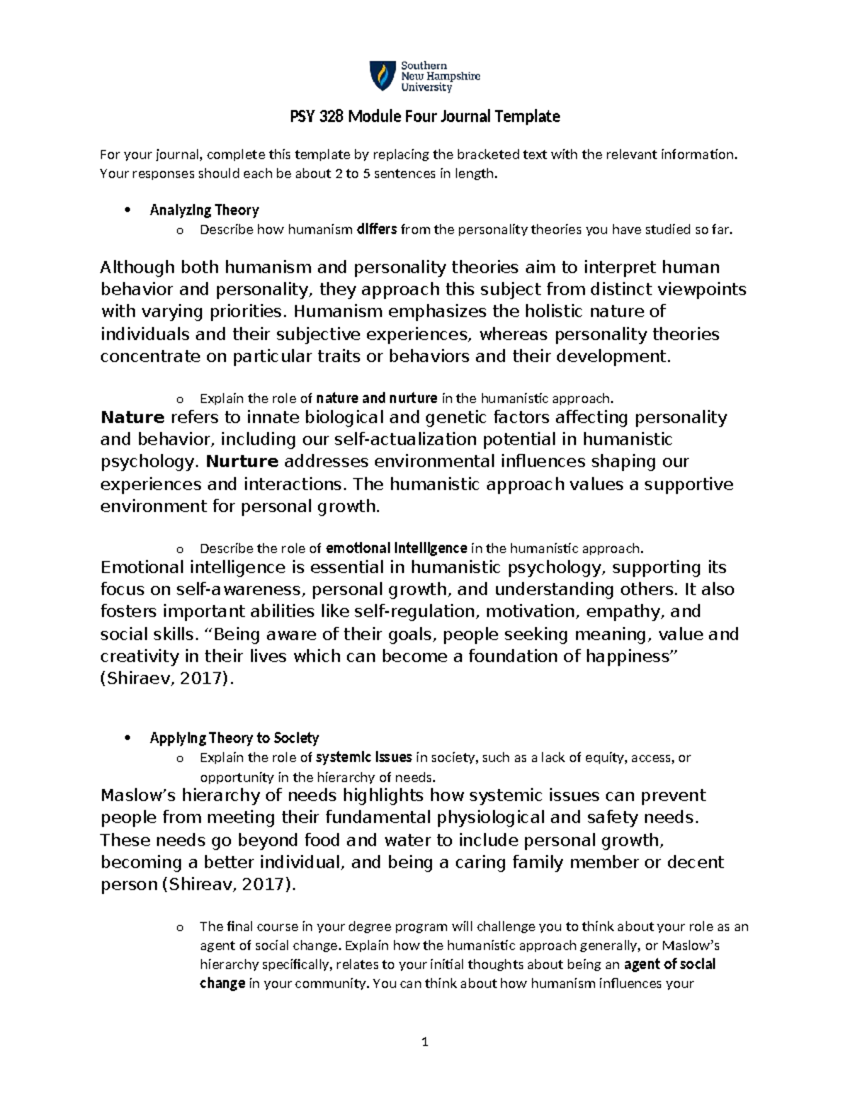 PSY 328 Humanistic Psychology Journal Template and Analysis - Studocu
