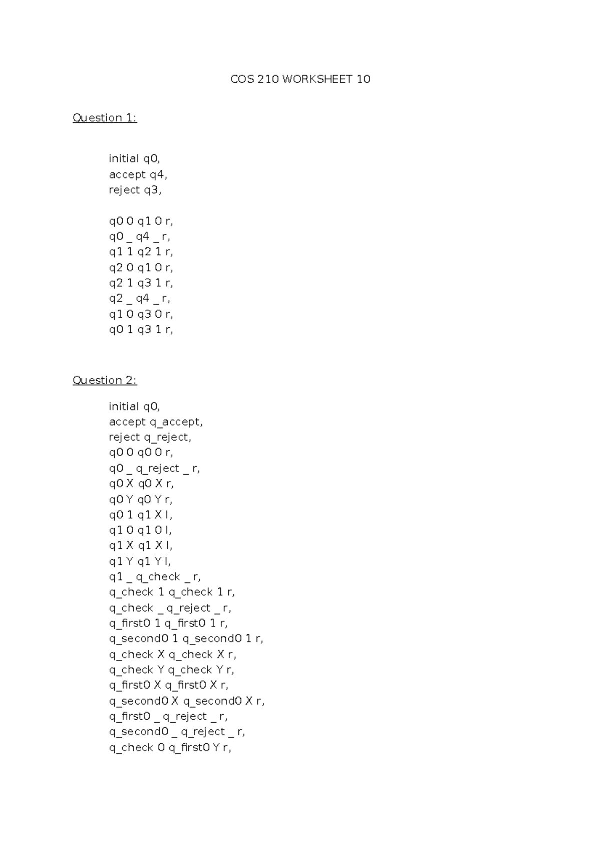 COS 210 WORKSHEET 10: Turing Machine Problems and Solutions - Studocu
