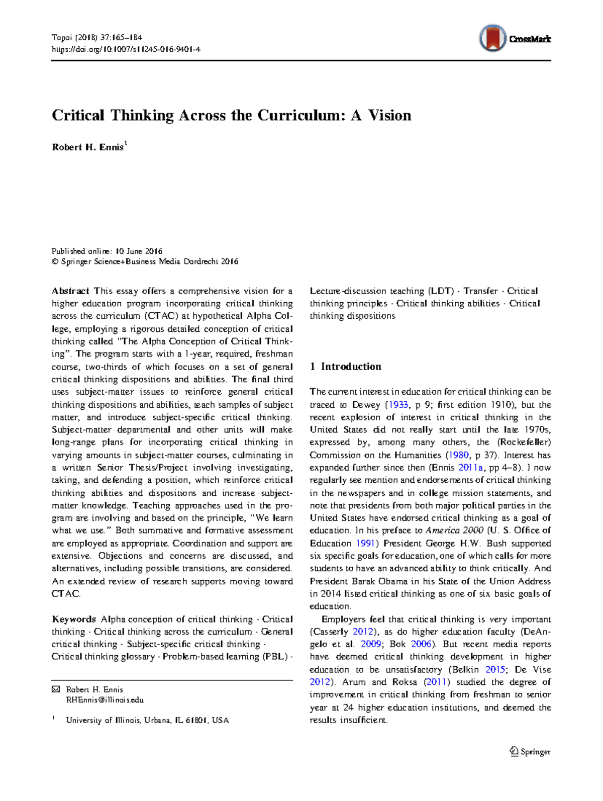 Critical Thinking Across the Curriculum: A Vision (CTAC) by R.H. Ennis ...