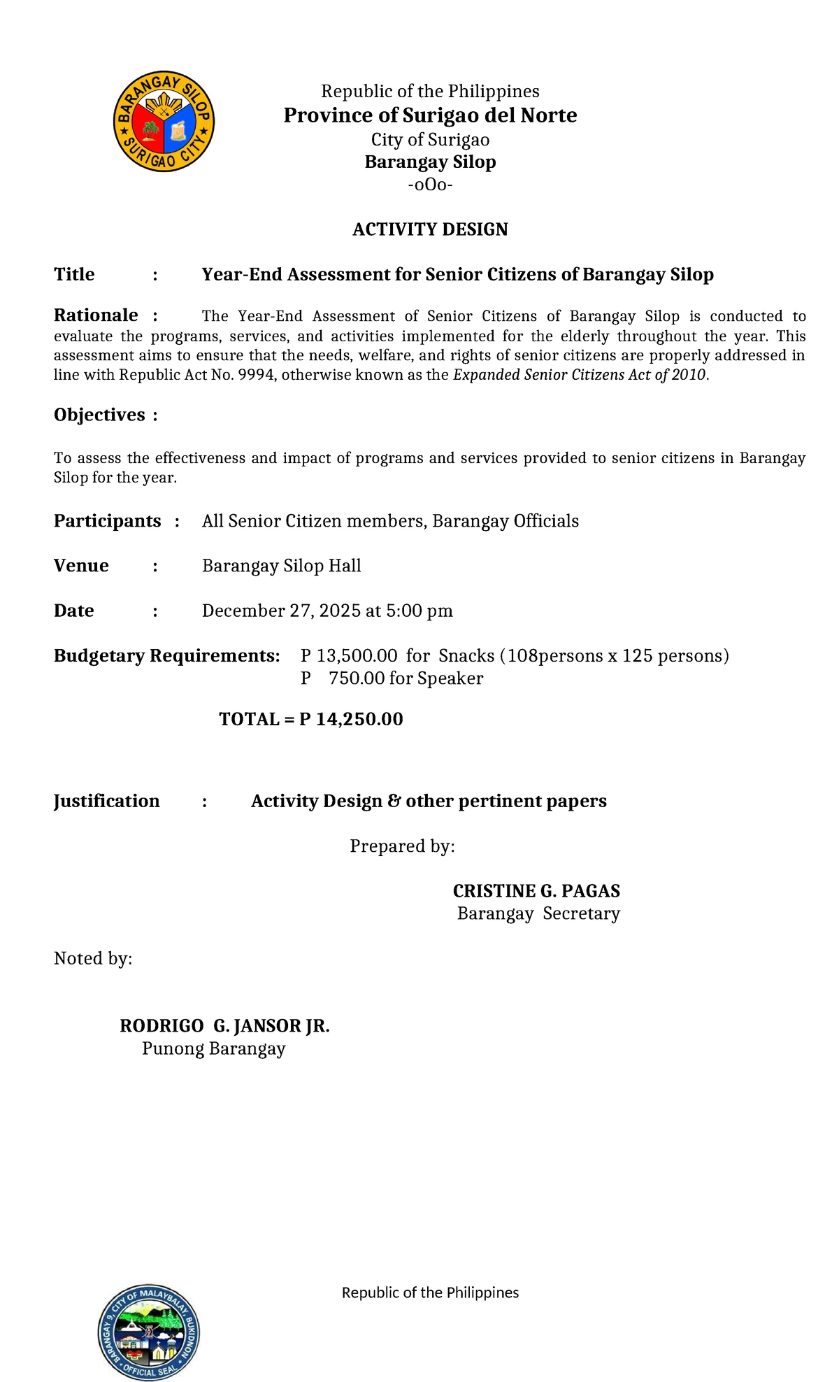 Activity Design: Assessment of Senior Citizens in Barangay Silop - Studocu