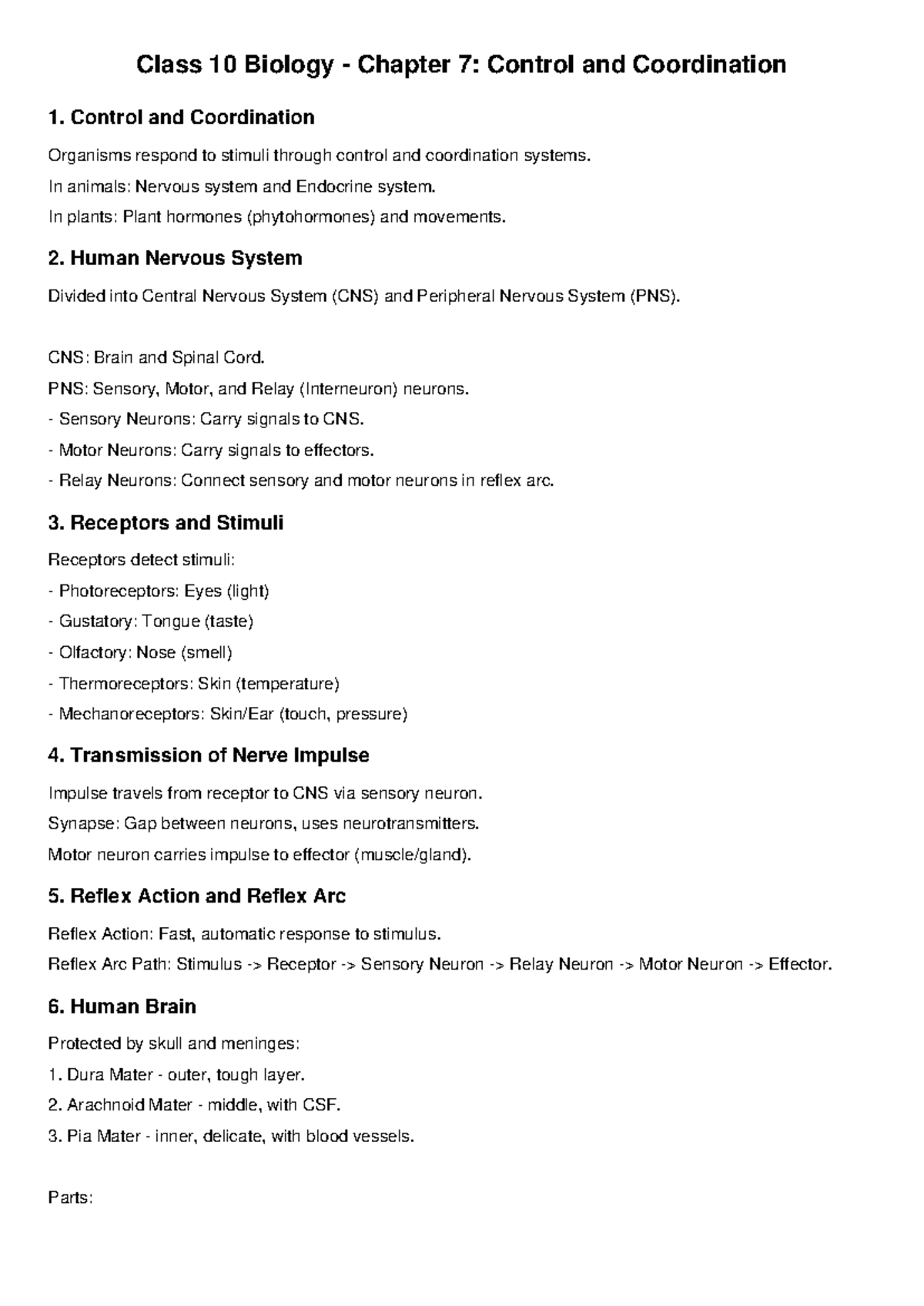 Class 10 Biology Chapter 7: Control and Coordination Complete Notes ...