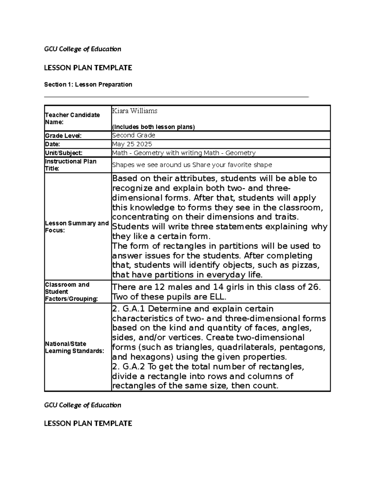 GCU College of Education ECE 455 Lesson Plan: Geometry in Second Grade