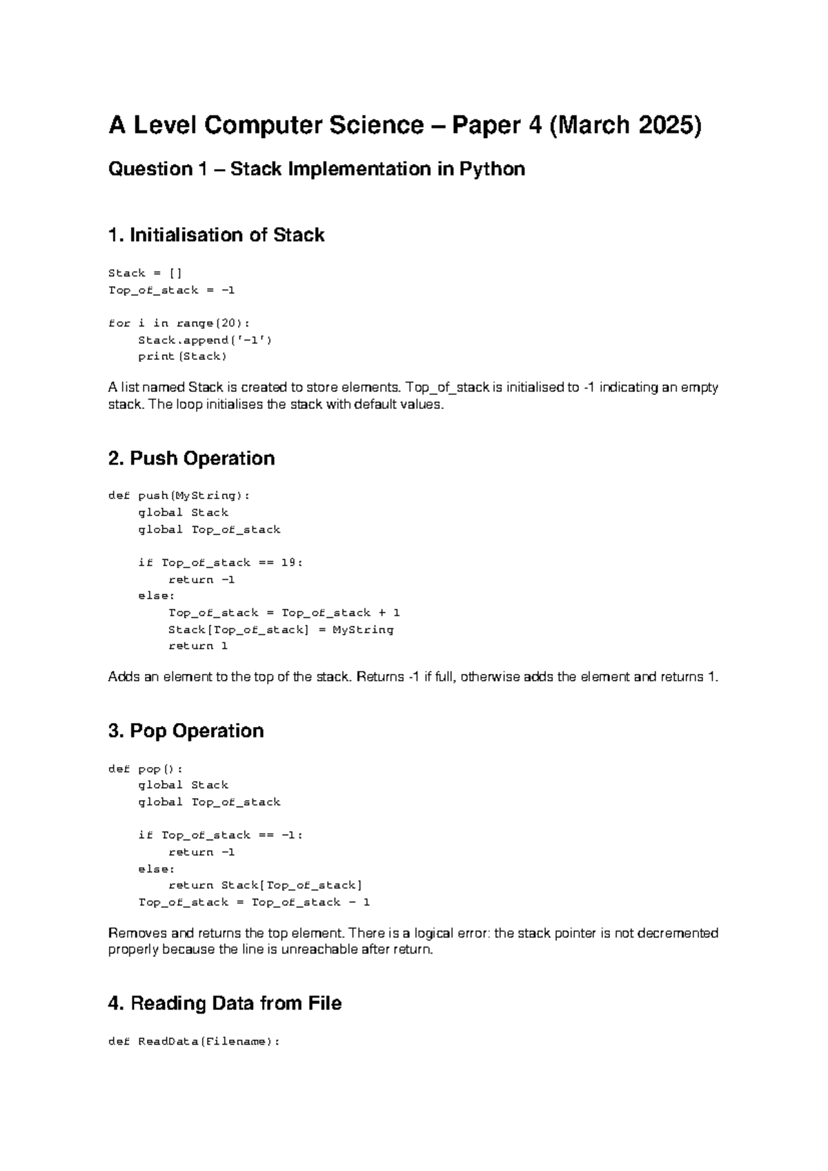 A Level Computer Science Paper 4 (March 2025) Stack Implementation in ...