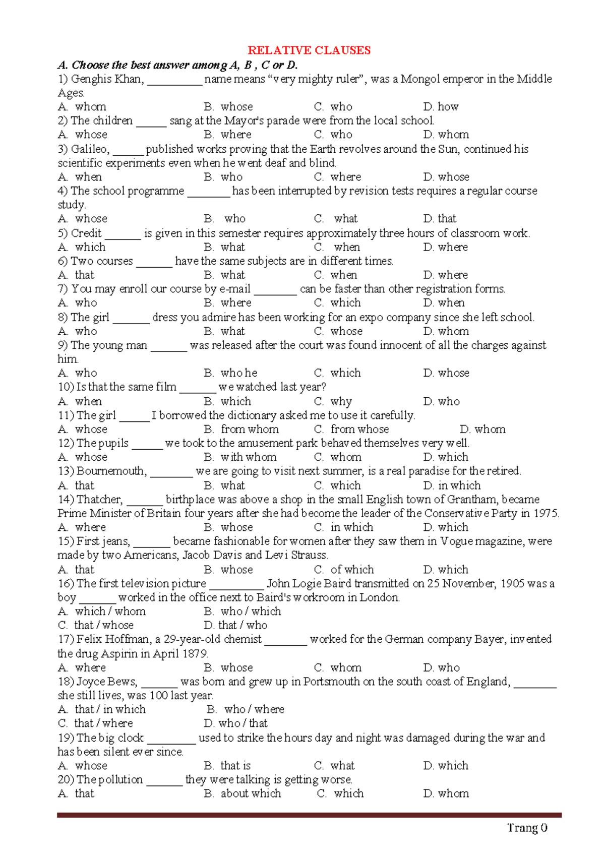 Chuyende - Relative Clauses Practice Exercises and Solutions - Studocu