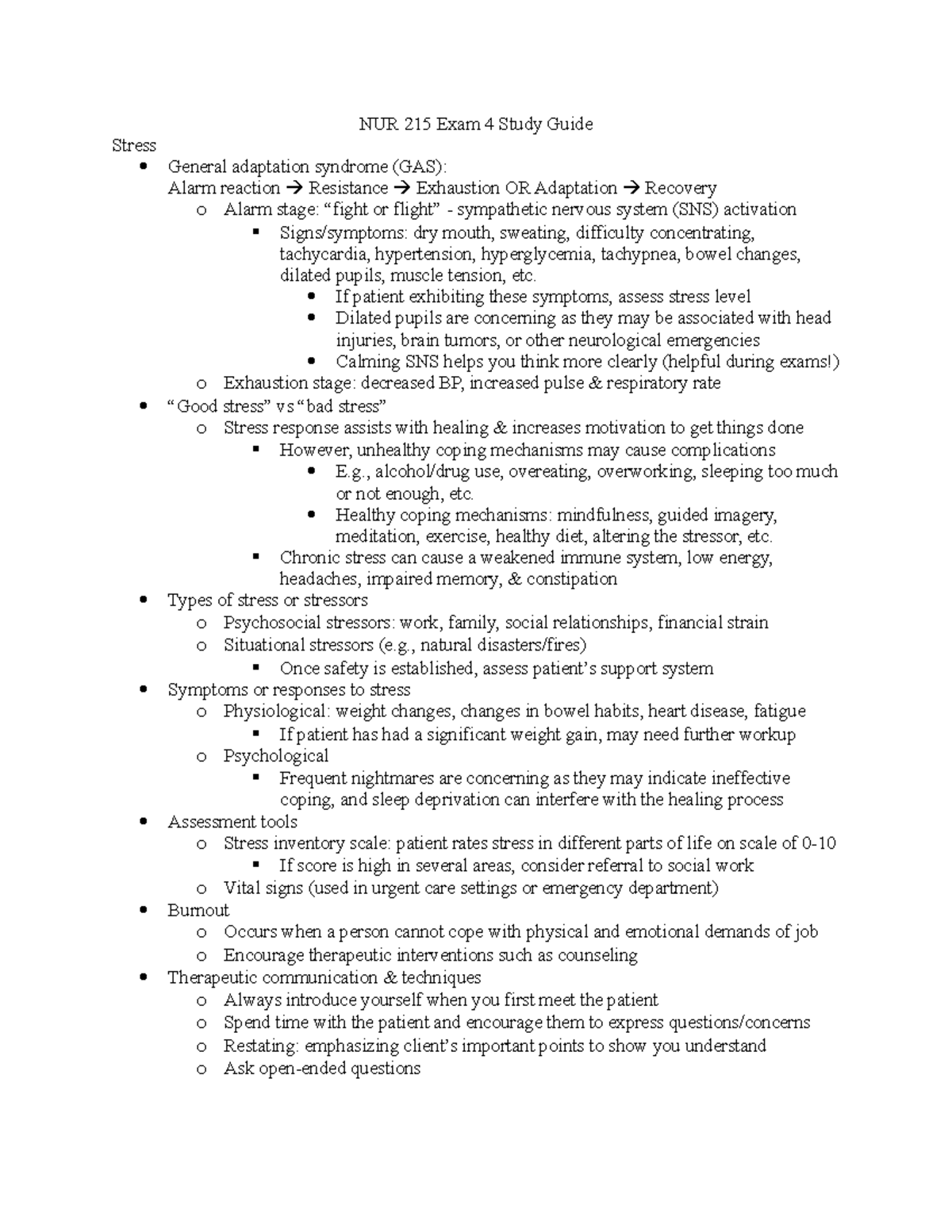 NUR 215 Exam 4 Study Guide - NUR 215 Exam 4 Study Guide Stress General ...