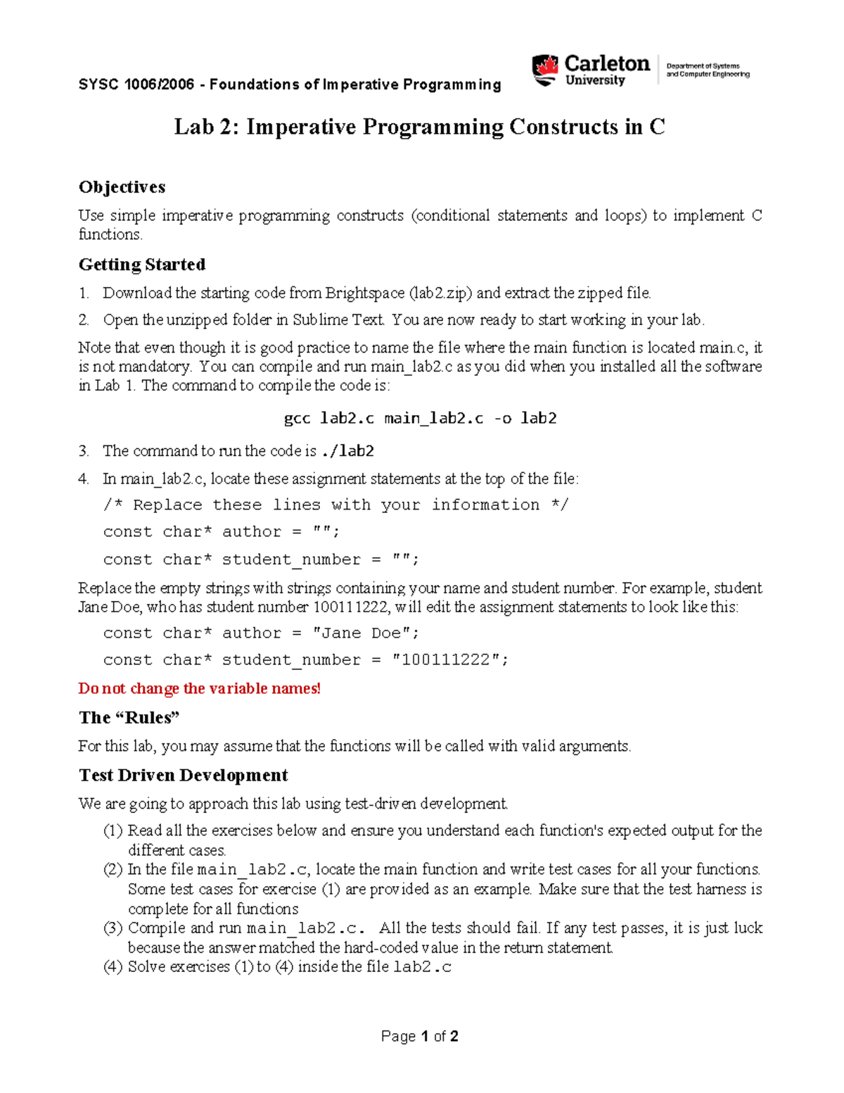 SYSC2006 Lab 2: Imperative Programming Constructs in C - Studocu