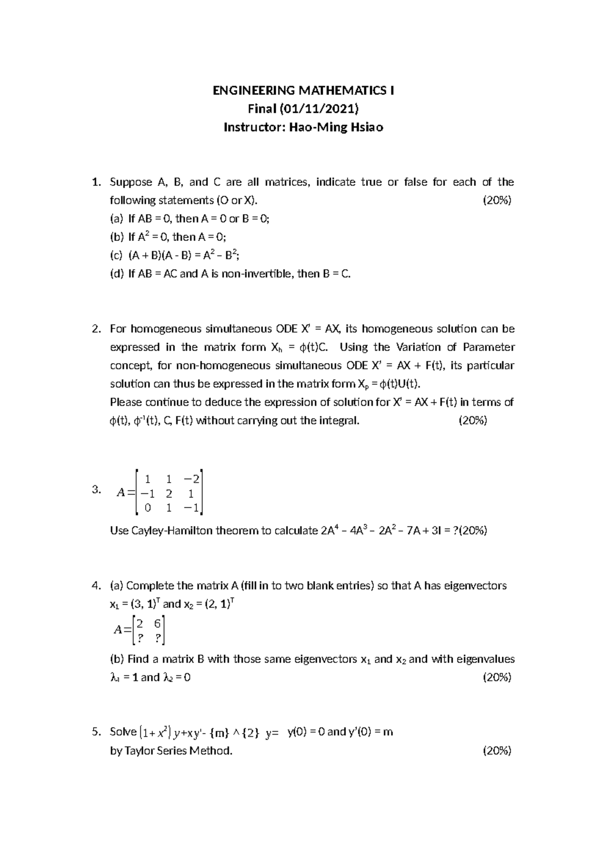 Engineering Math 1 Final 011121 - ENGINEERING MATHEMATICS I Final (01 ...