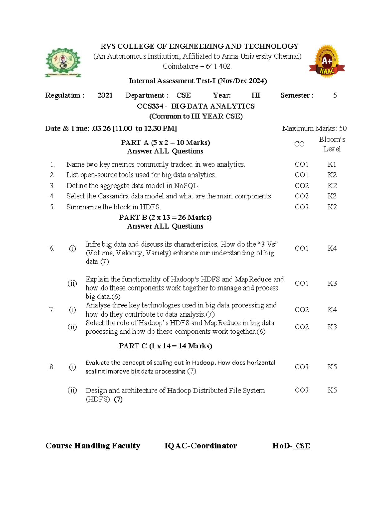 BDA CCS334 Internal Assessment 2024 - Set I Questions - Studocu