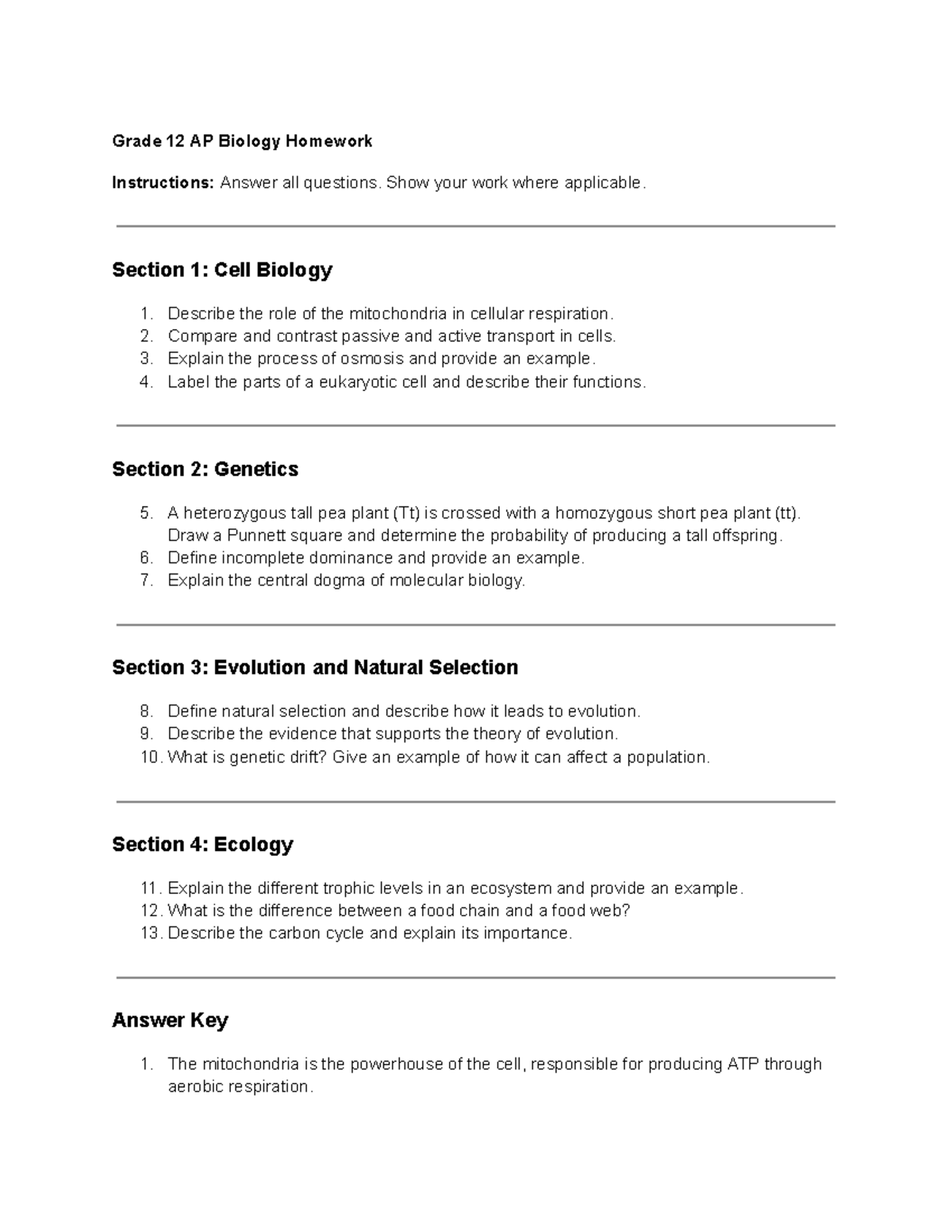 Practice Questions/Review - Grade 12 AP Biology Homework Instructions ...