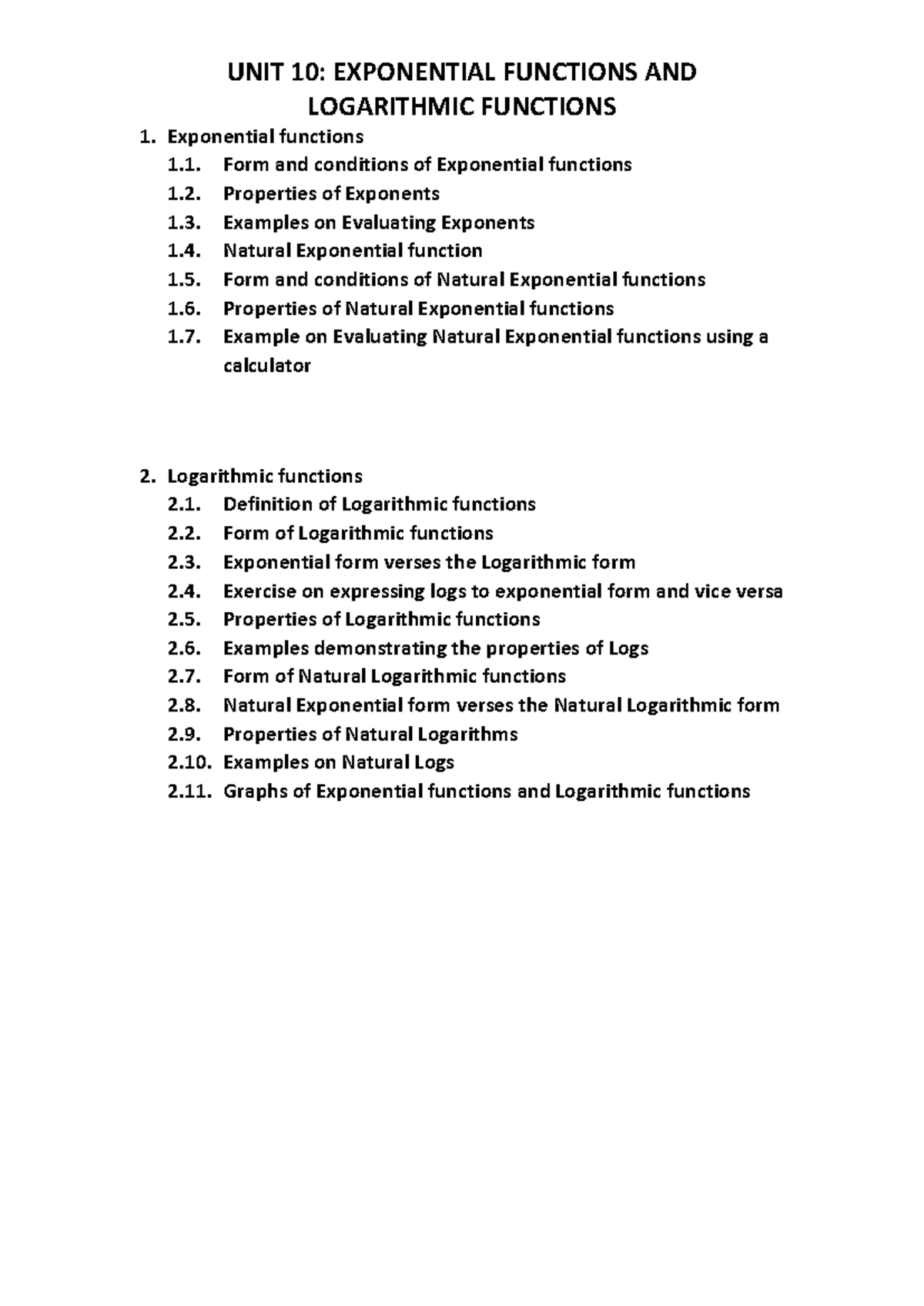 Unit 10: Exponential & Logarithmic Functions Overview - Studocu