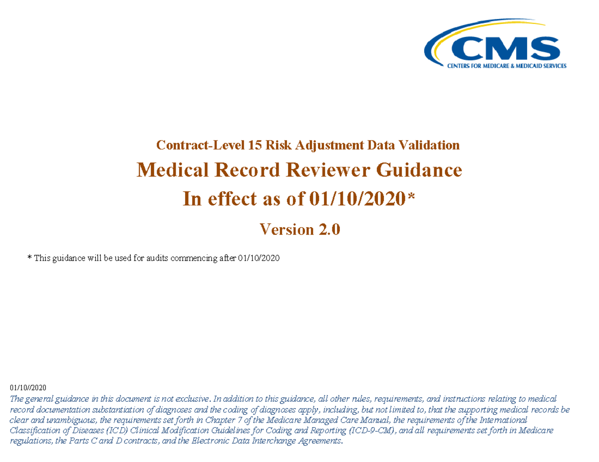 Contract-Level RADV Medical Record Reviewer Guidance (Version 2.0 ...