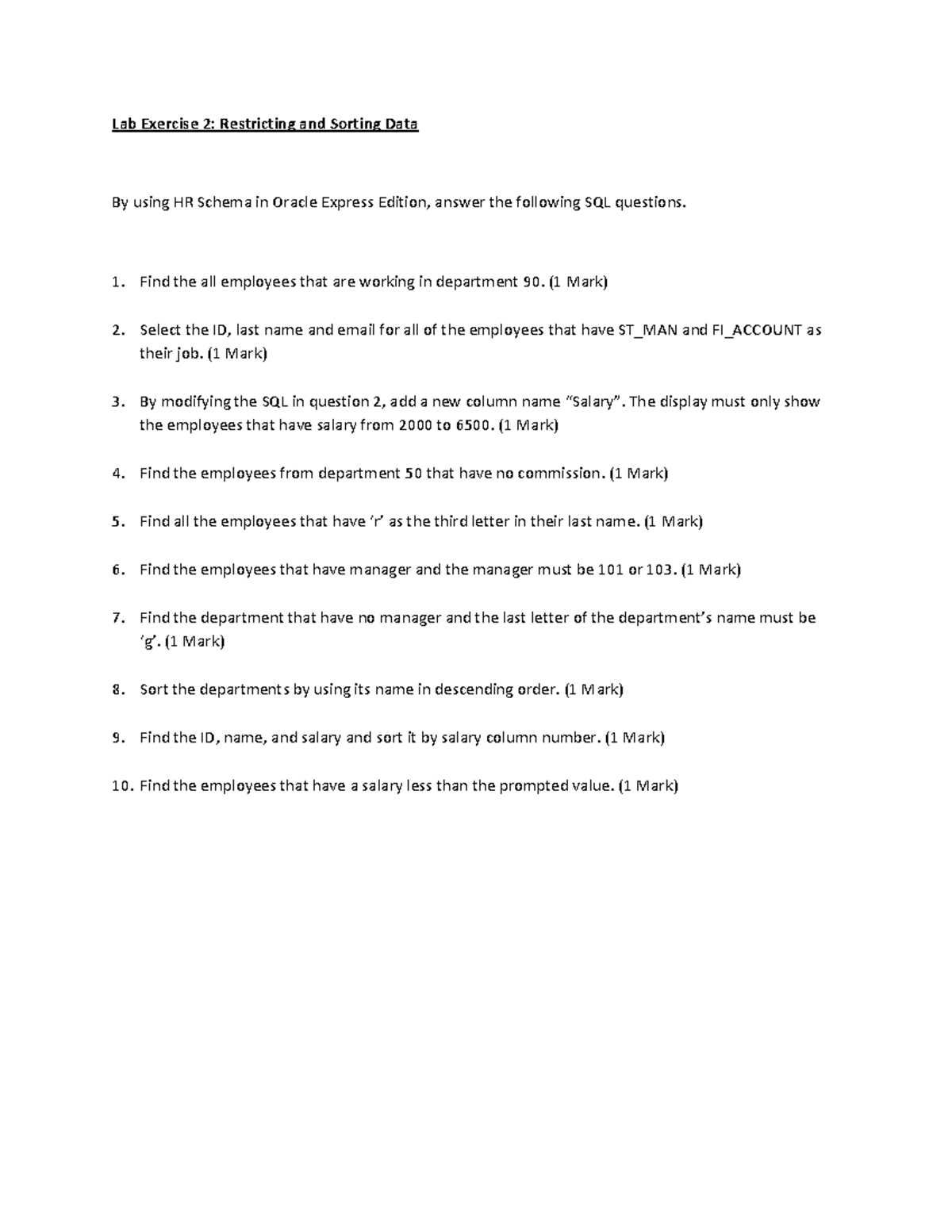 Lab 2: SQL Queries on HR Schema in Oracle Express Edition - Studocu