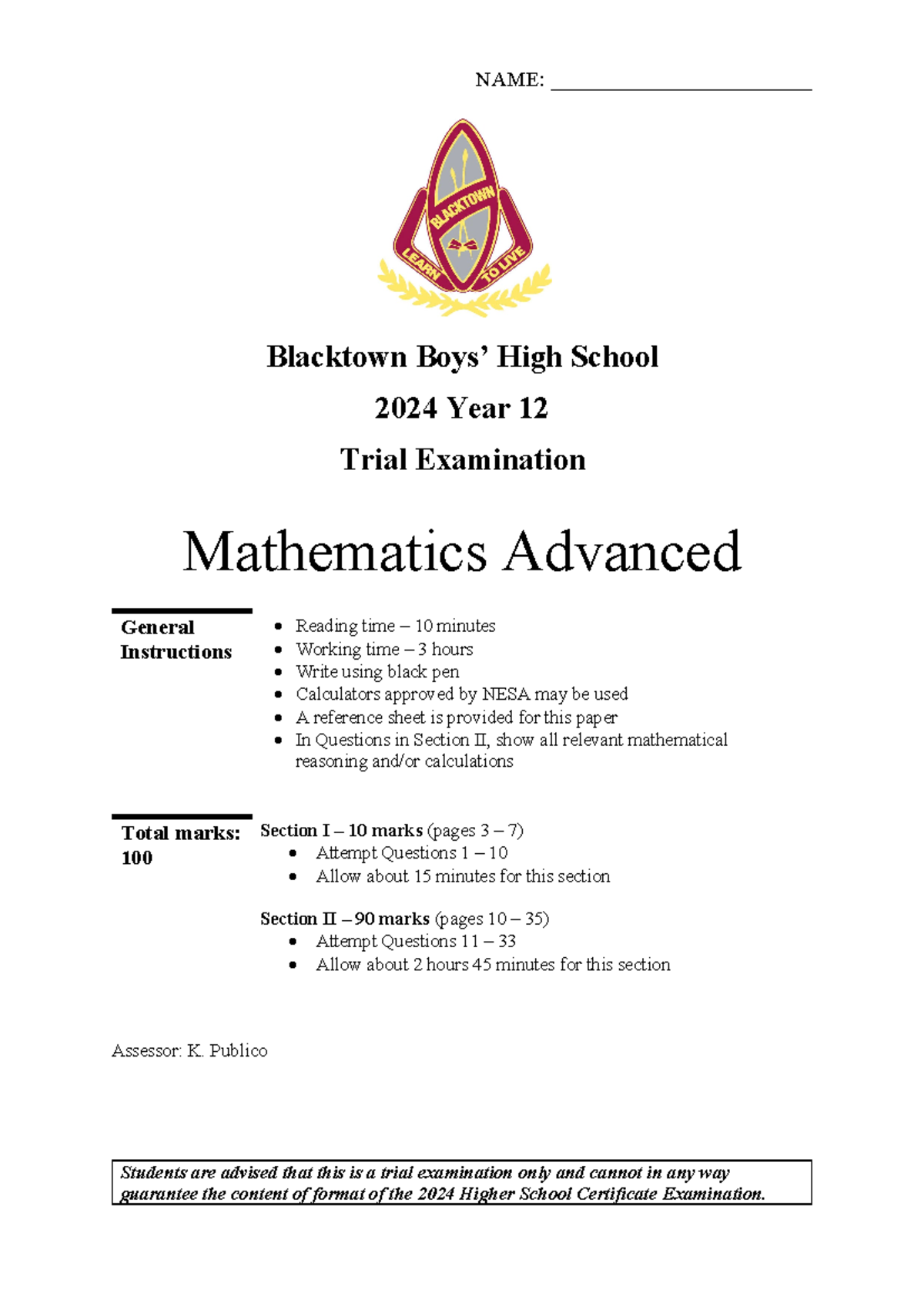 Blacktown Boys 2024 2U Mathematics Advanced Trial Exam Solutions - Studocu