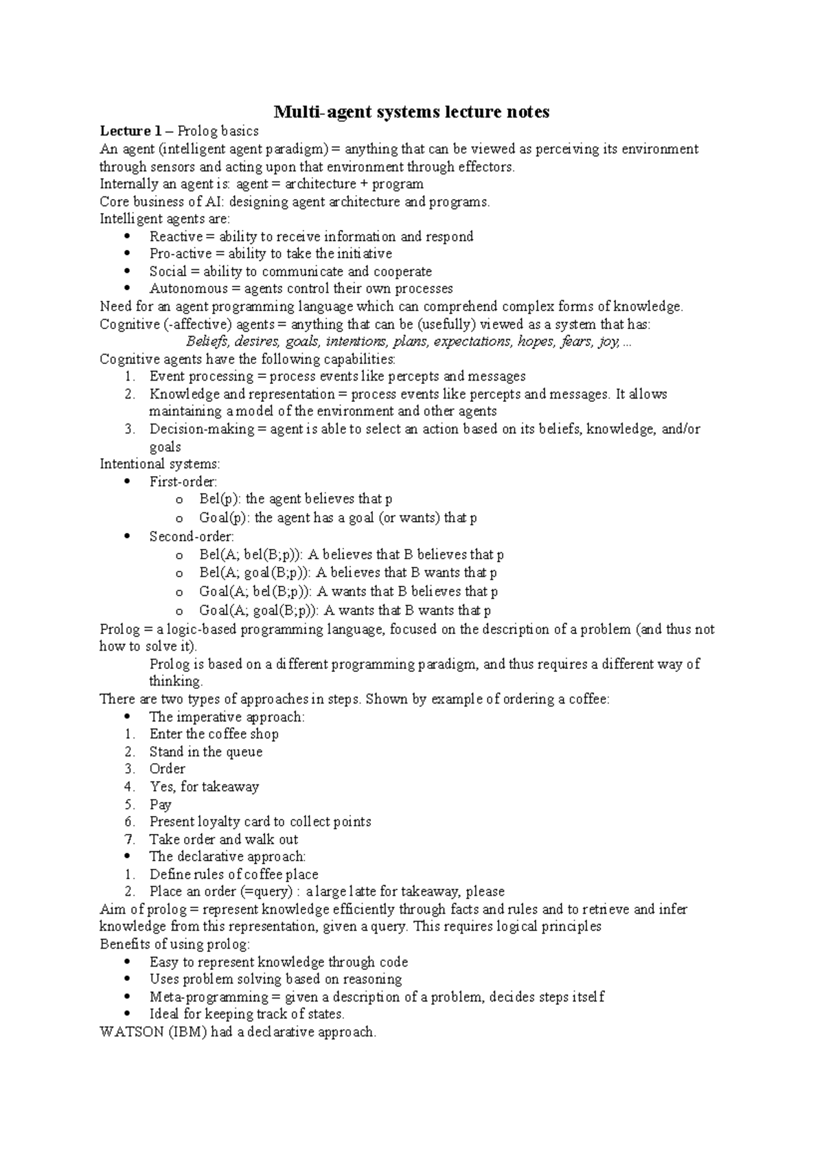 Mult-agent Systems Lecture Notes: Prolog Basics and Applications ...