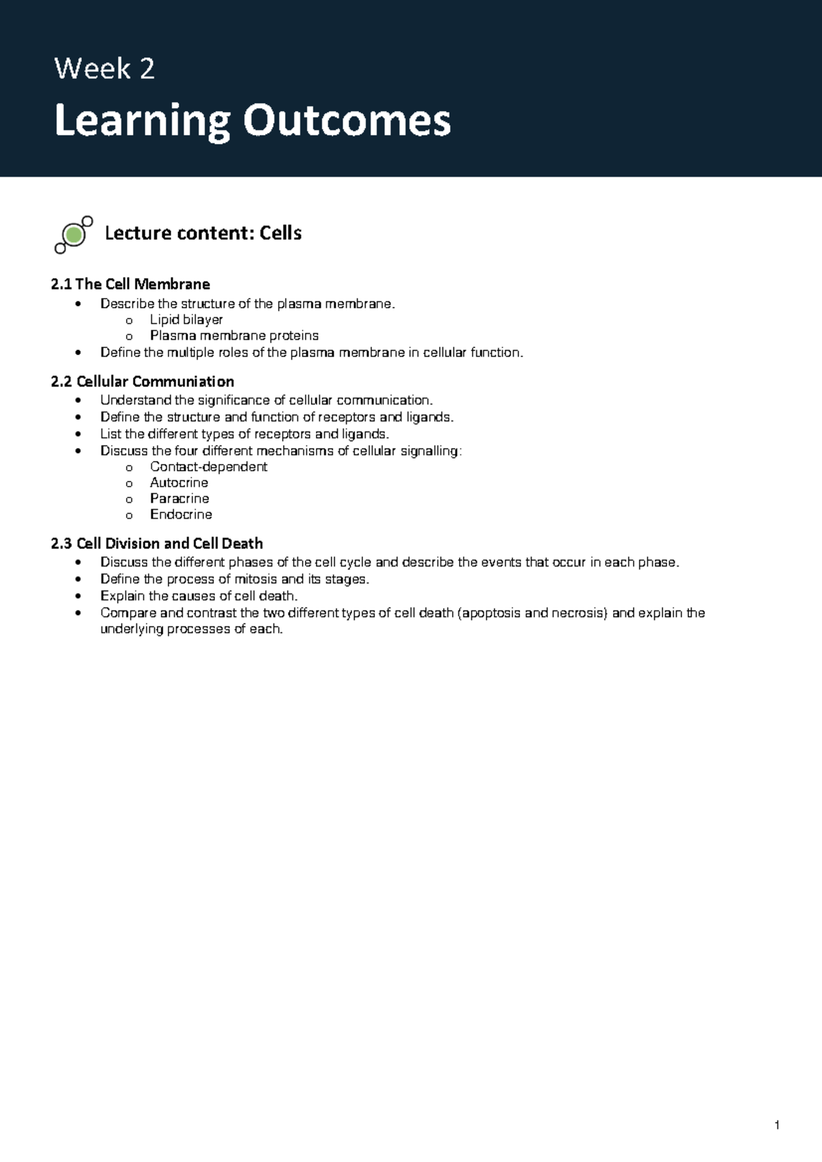 Week 2 Lecture Notes: Cell Membrane & Communication (BIO101) - Studocu