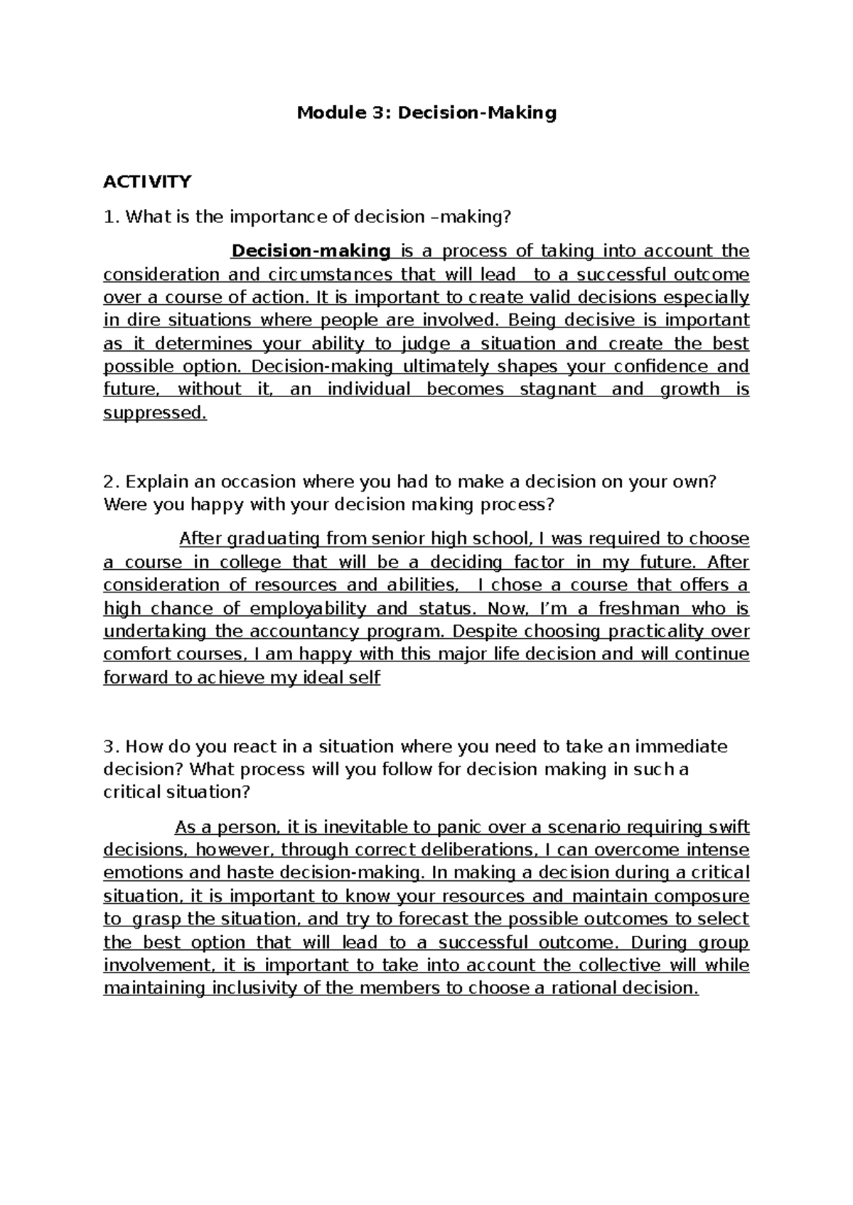 CWTS Module 3 Activity: The Importance of Decision Making - Studocu
