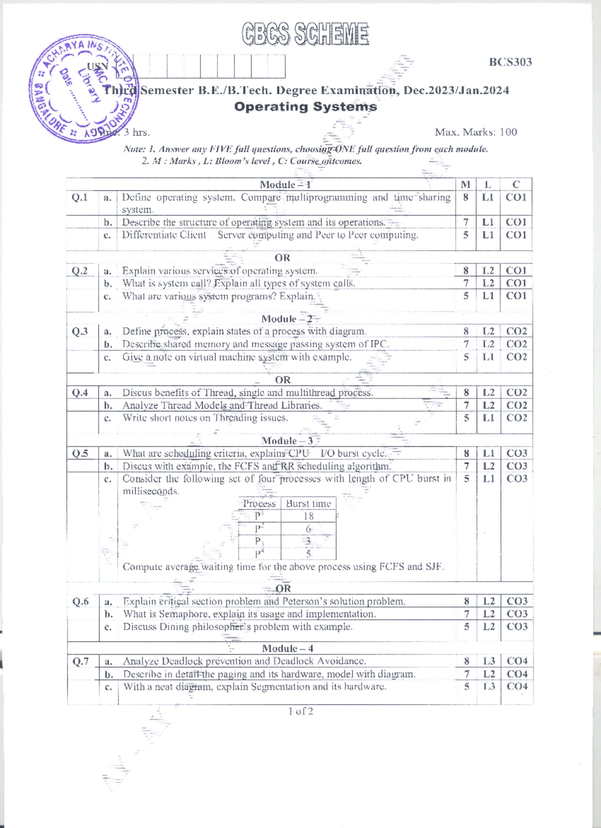 BCS303 - 3 hrs. Max. Marks: 100 Note: 1. Answer any FIVE full questions ...