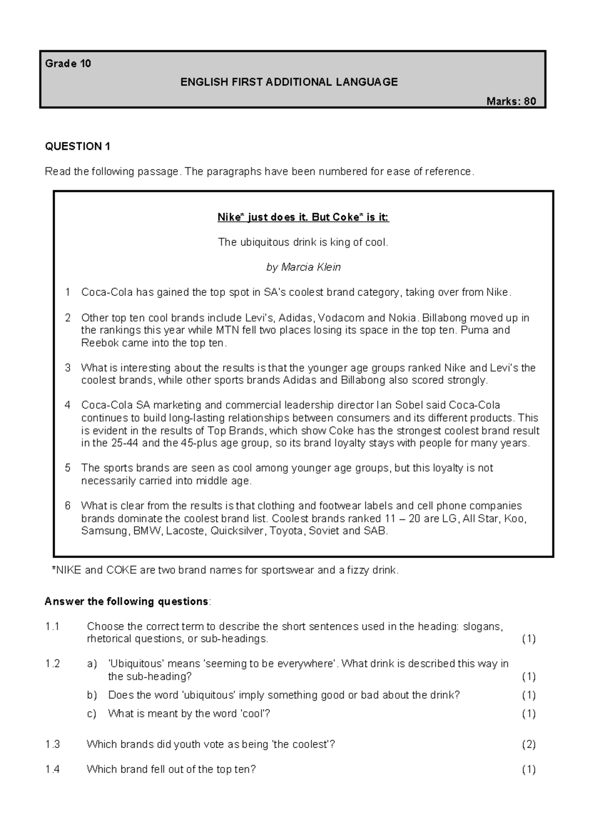 English First Additional Language Exam Questions on Brands and ...