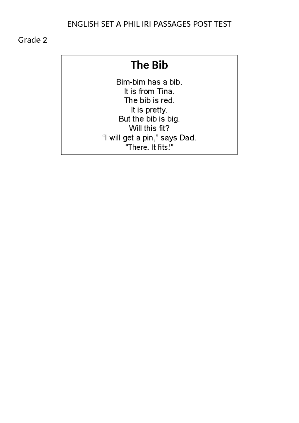 POST-TEST English Passages for Grade 2-6 in PHIL IRI - Studocu