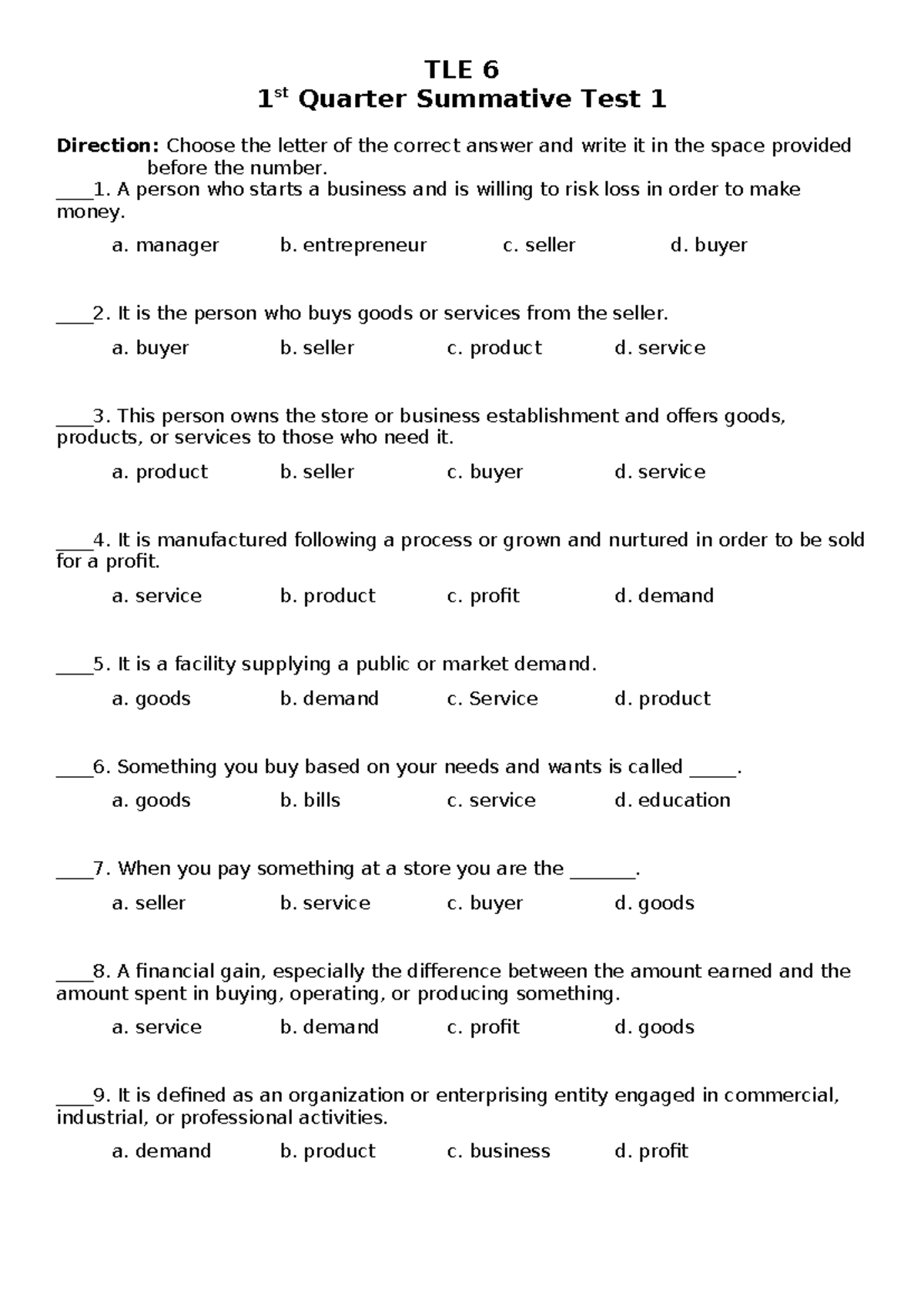 TLE 6 Q1 Summative Test 1 - Assessment Tool Questions - Studocu