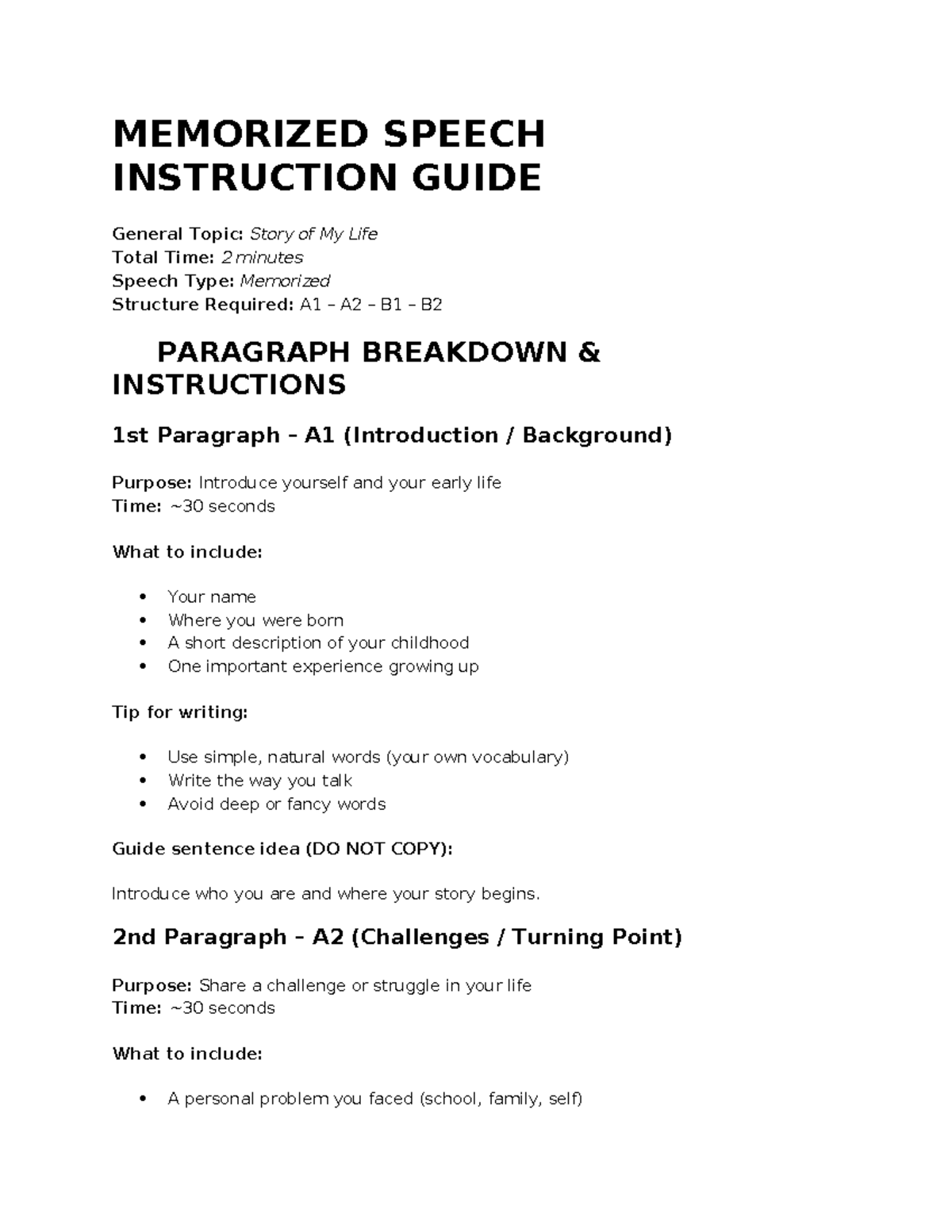 MEMORIZED SPEECH INSTRUCTION GUIDE: Story of My Life - Studocu