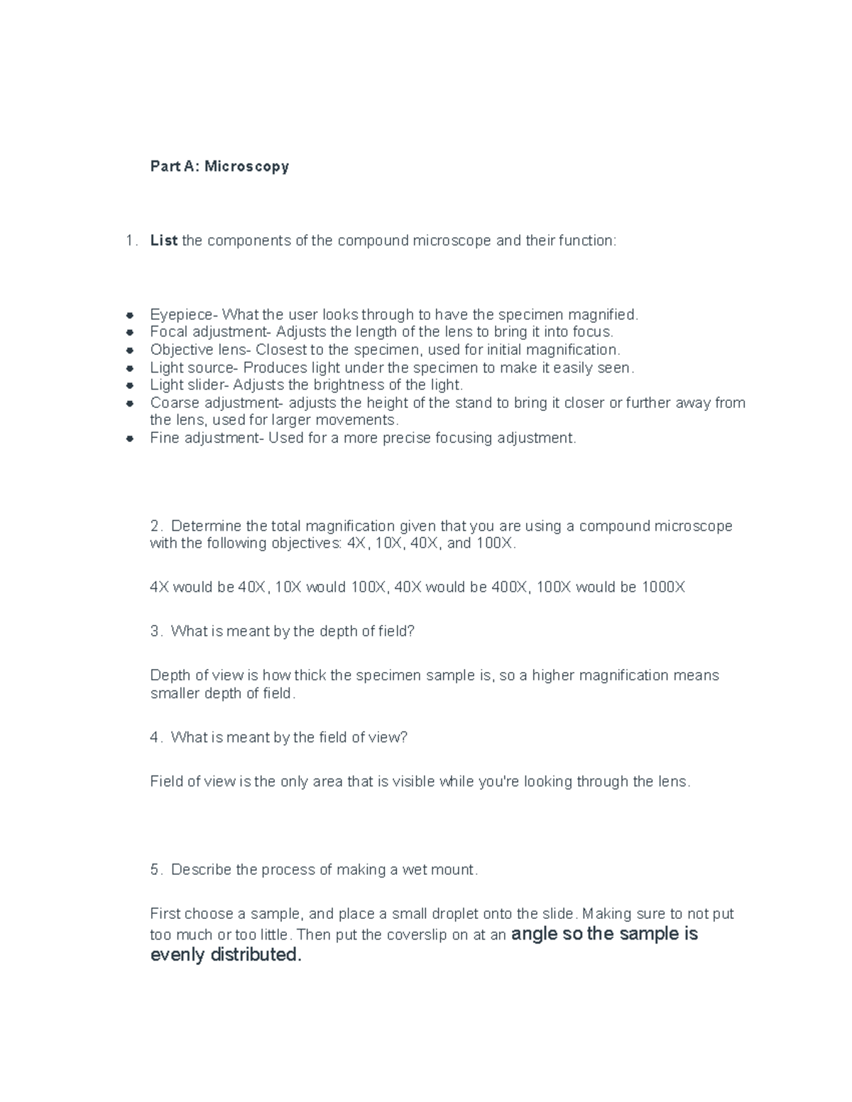 Lab 1 Microscopy and the Metric System-4 - Part A: Microscopy 1. List ...