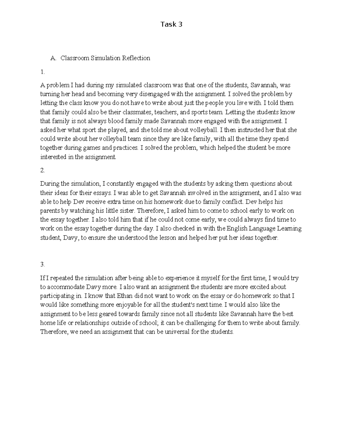 Task 3 D095 - task 3 - Task 3 A. Classroom Simulation Reflection 1. A ...