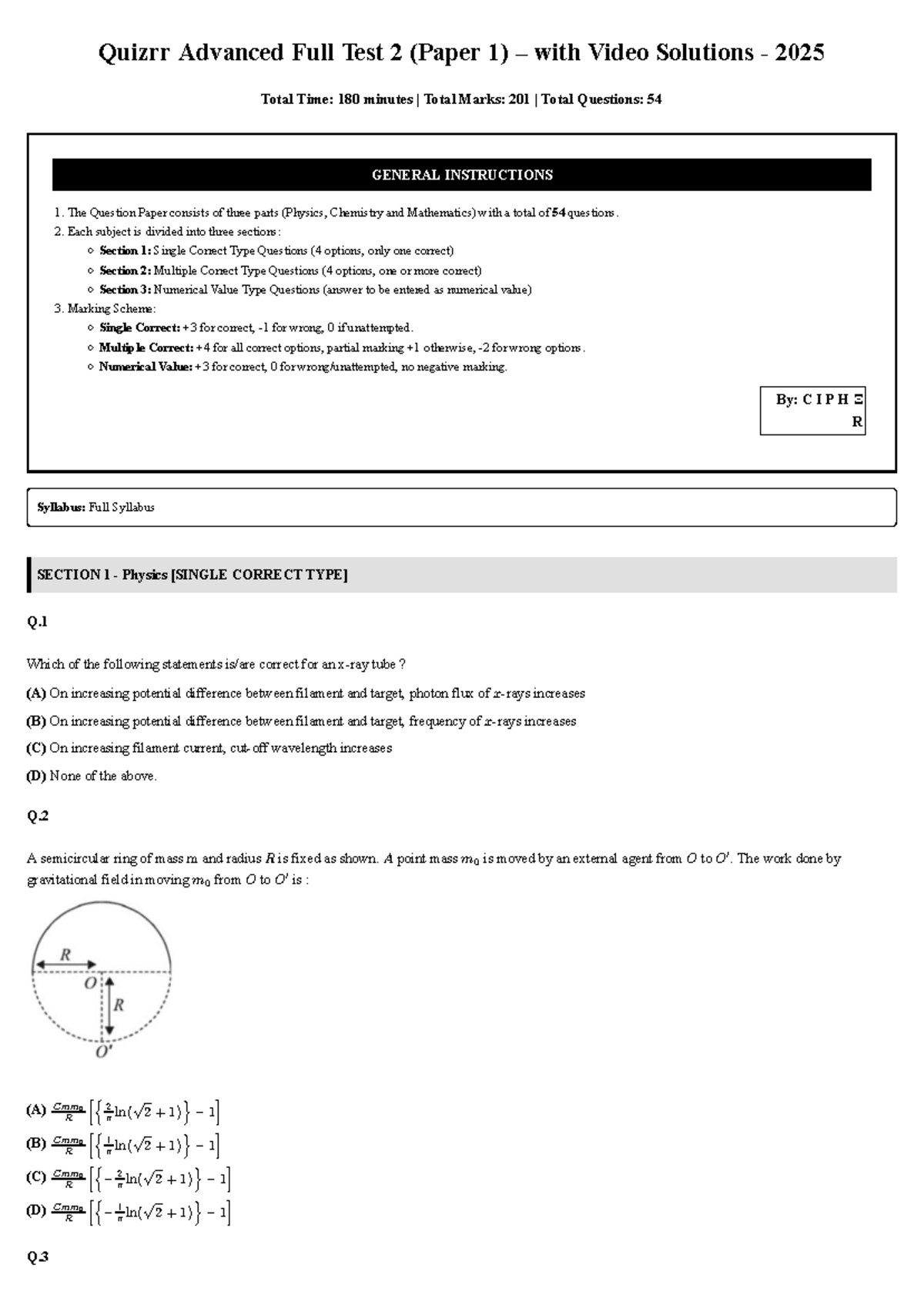 Quizrr Advanced Full Test 2 (Paper 1) with Video Solutions 2025 - Studocu