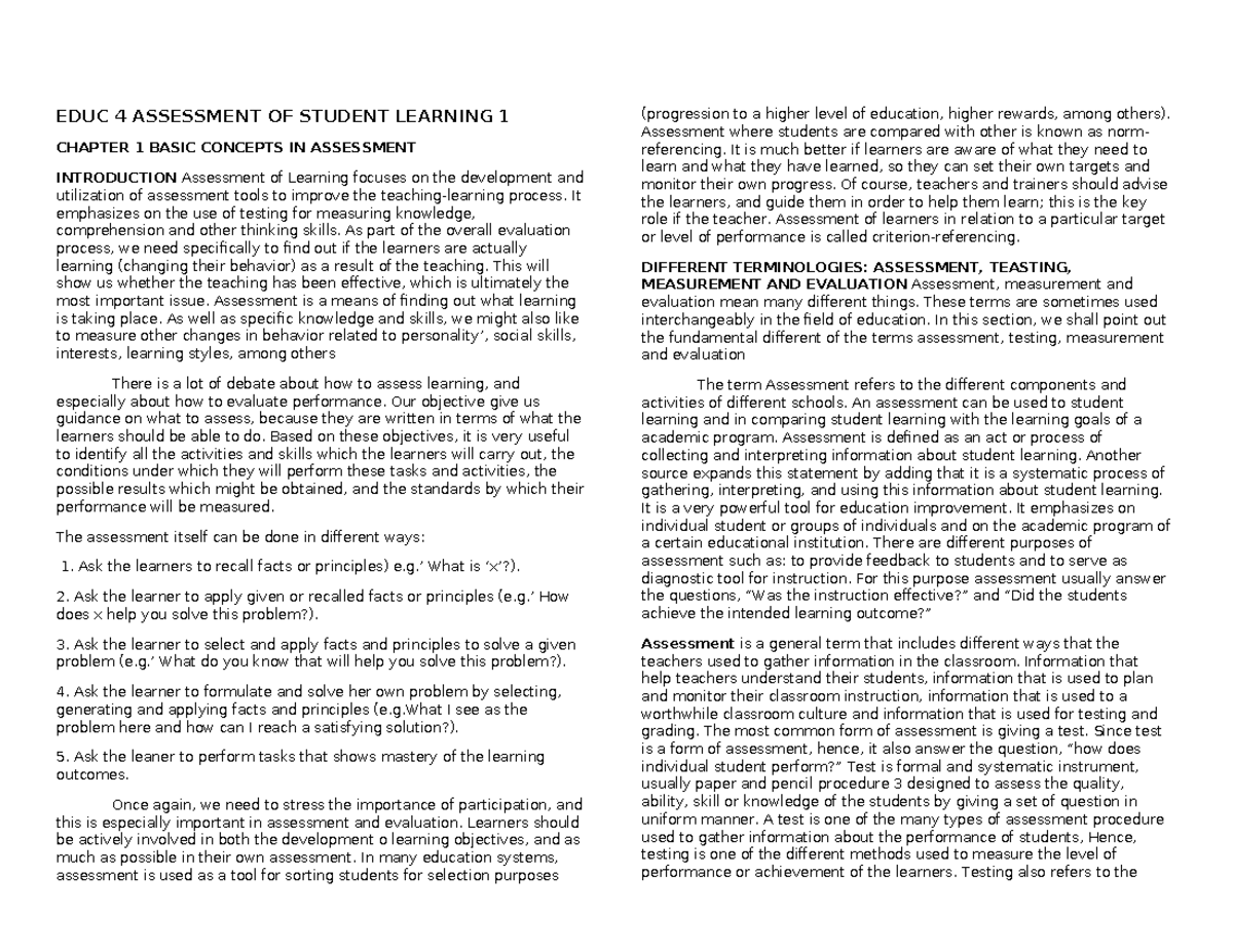 EDUC 4 - Assessment of Student Learning: Chapter 1 Overview - Studocu