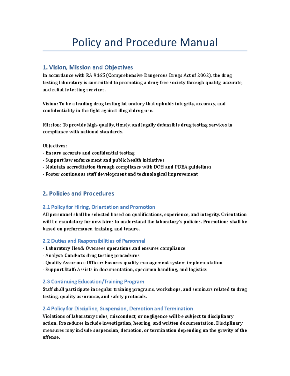 Screen Drug Testing Lab Policy Manual: Vision, Mission & Procedures ...